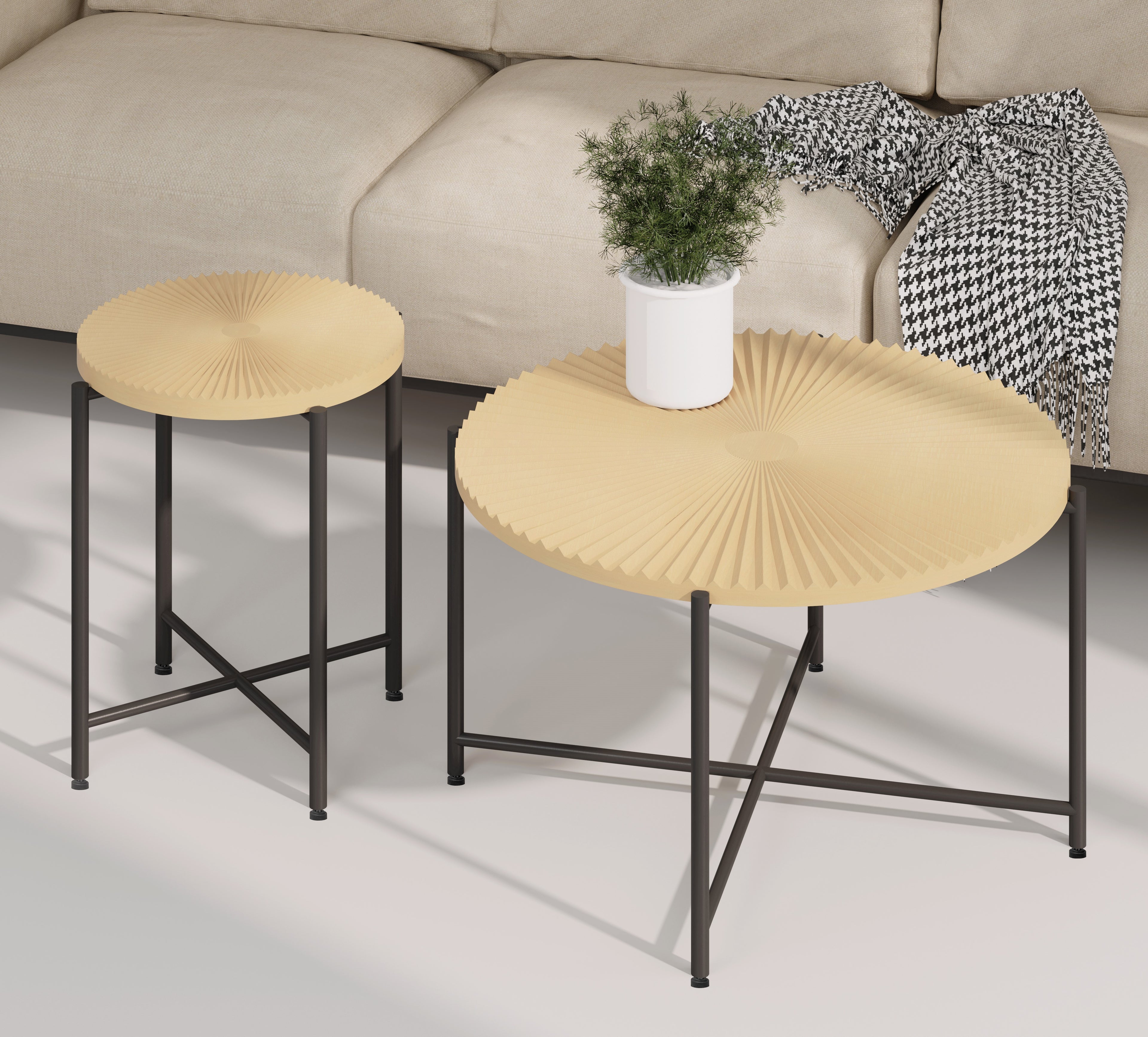 Radial Pattern 2-Piece Coffee and End Table Set, Distressed Cylindrical Waterproof MDF with PVC Cover