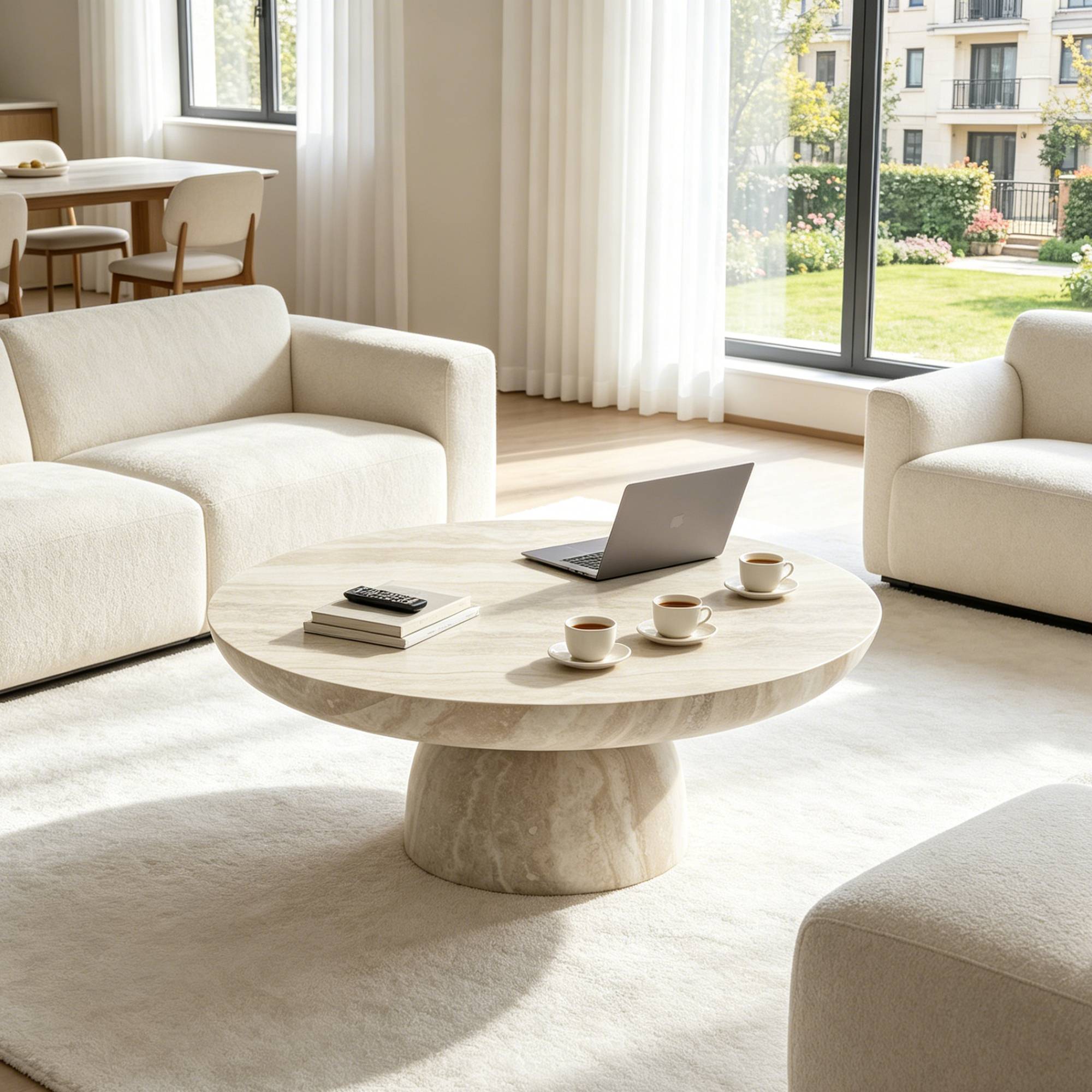 31"/35" Mushroom Shaped Coffee Table, Beige & White Round Fiberglass Accent Table
