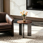 19.68' Round Coffee Table Walnut Wood Surface & Black Metal Feet