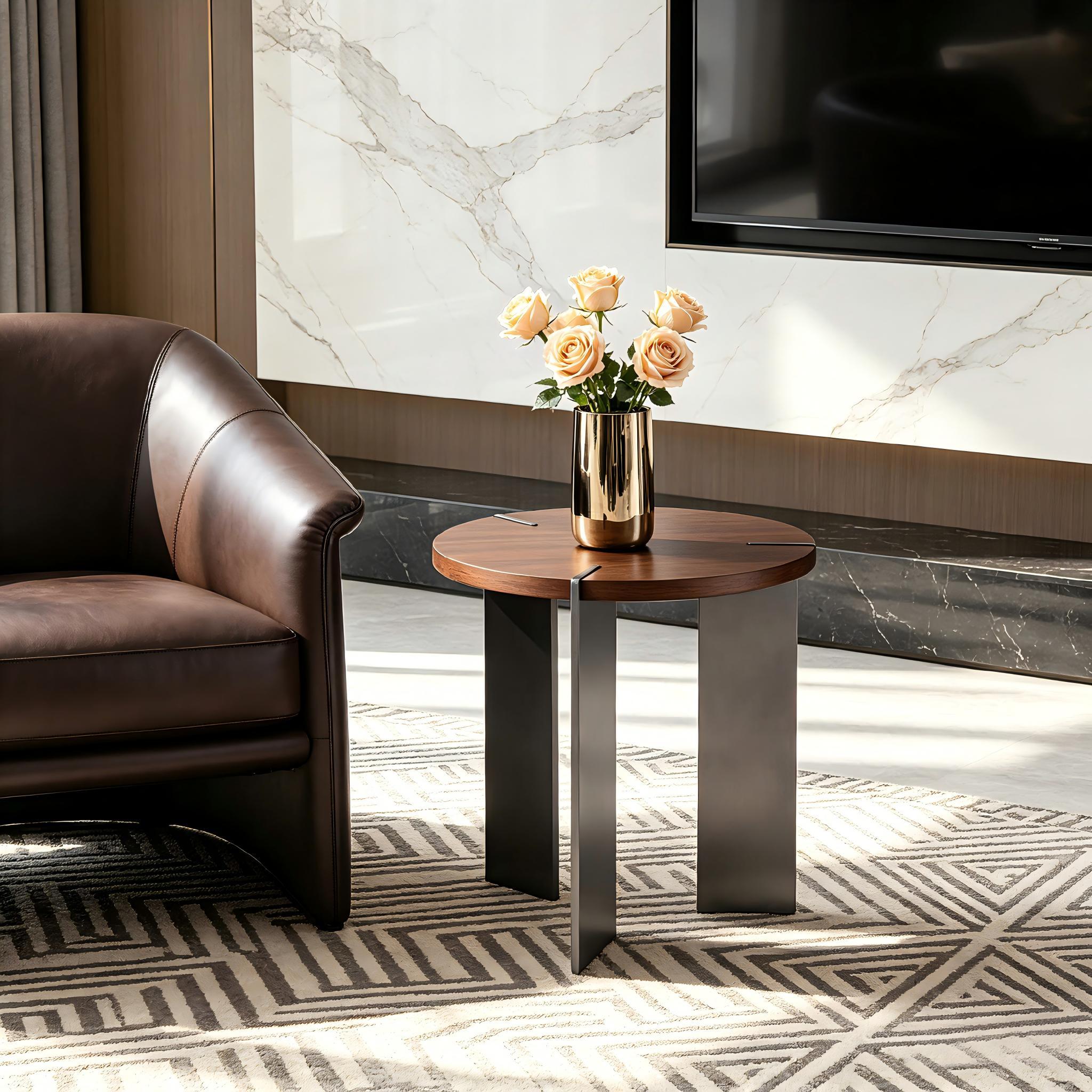 19.68' Round Coffee Table Walnut Wood Surface & Black Metal Feet