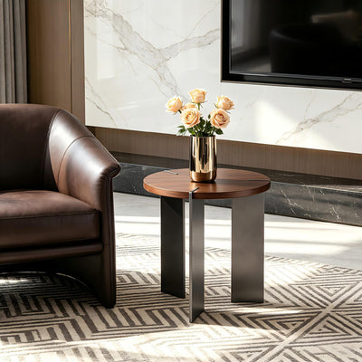 19.68' Round Coffee Table Walnut Wood Surface & Black Metal Feet