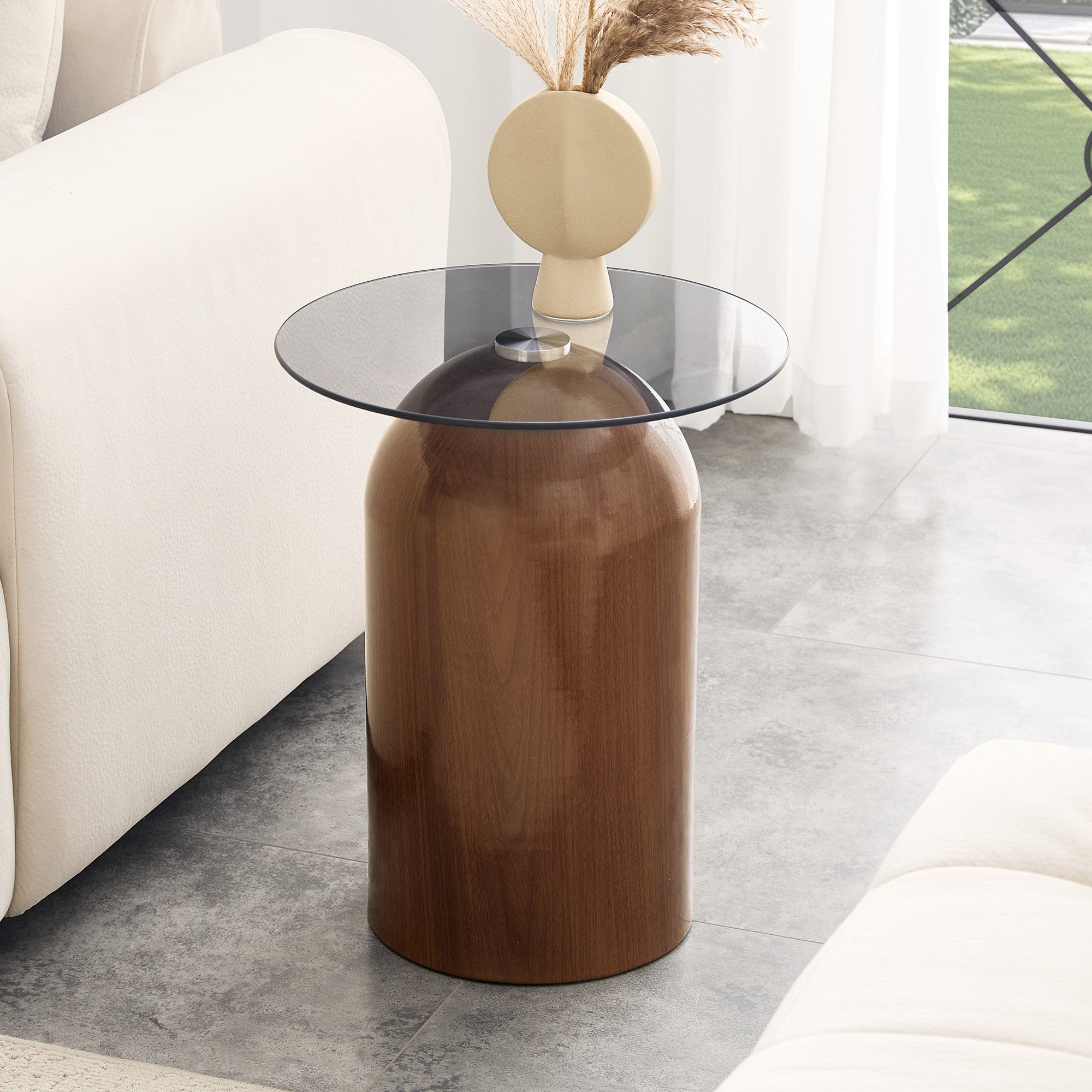 1/2/3-Piece Nesting Coffee Table Set, Round Black Glass Top with Walnut Finish Carbon Steel Base