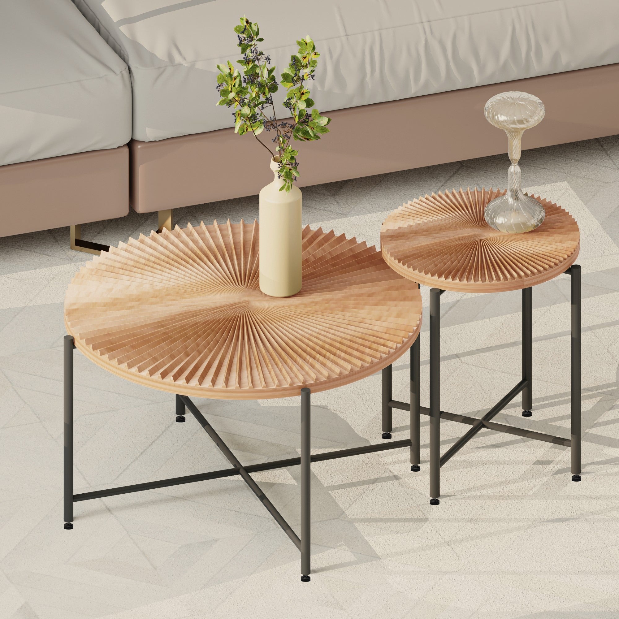 Radial Pattern 2-Piece Coffee and End Table Set, Distressed Cylindrical Waterproof MDF with PVC Cover