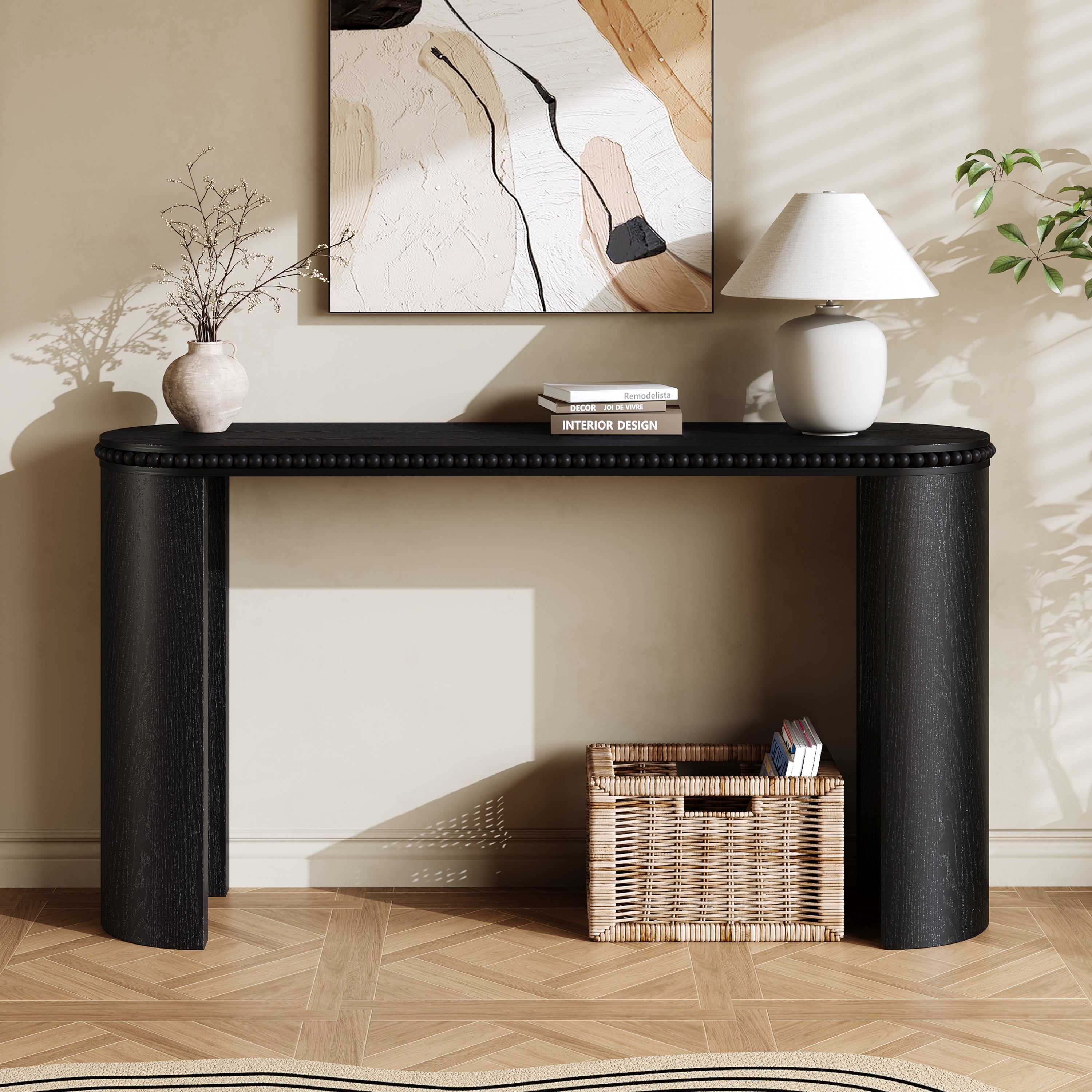 Mirod Vintage Console Table with Beaded Trim, Reversible Curved Legs, Natural Wood Veneer