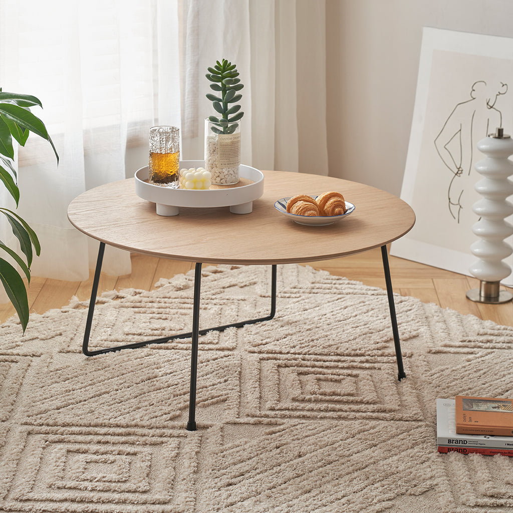 31.5' Round Acacia Wood Coffee Table, American Minimalist Metal & Wood End Table
