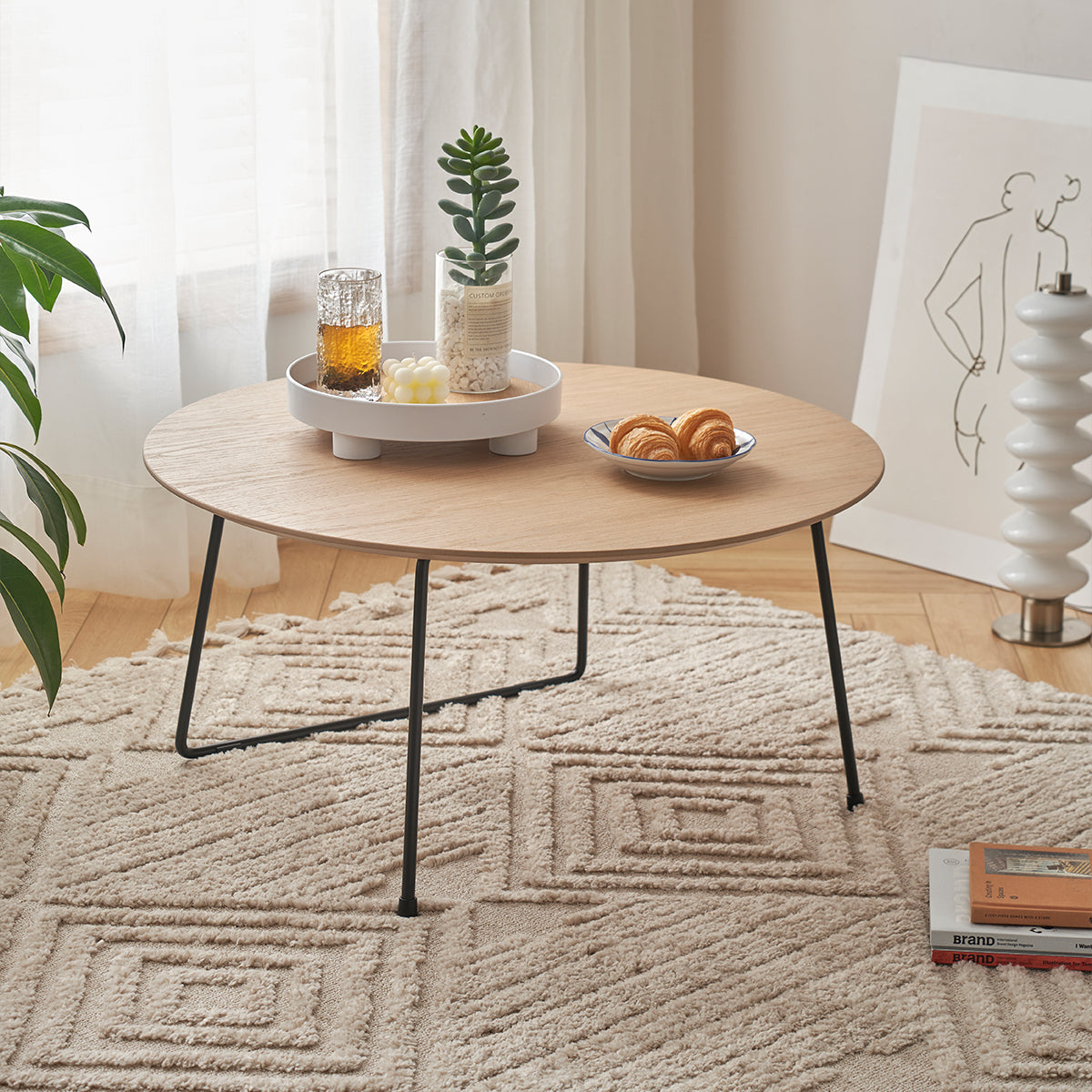 31.5' Round Acacia Wood Coffee Table, American Minimalist Metal & Wood End Table