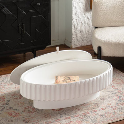 43.31' Oval Fluted Storage Coffee Table with Lift-Off Lid, Modern Cream White