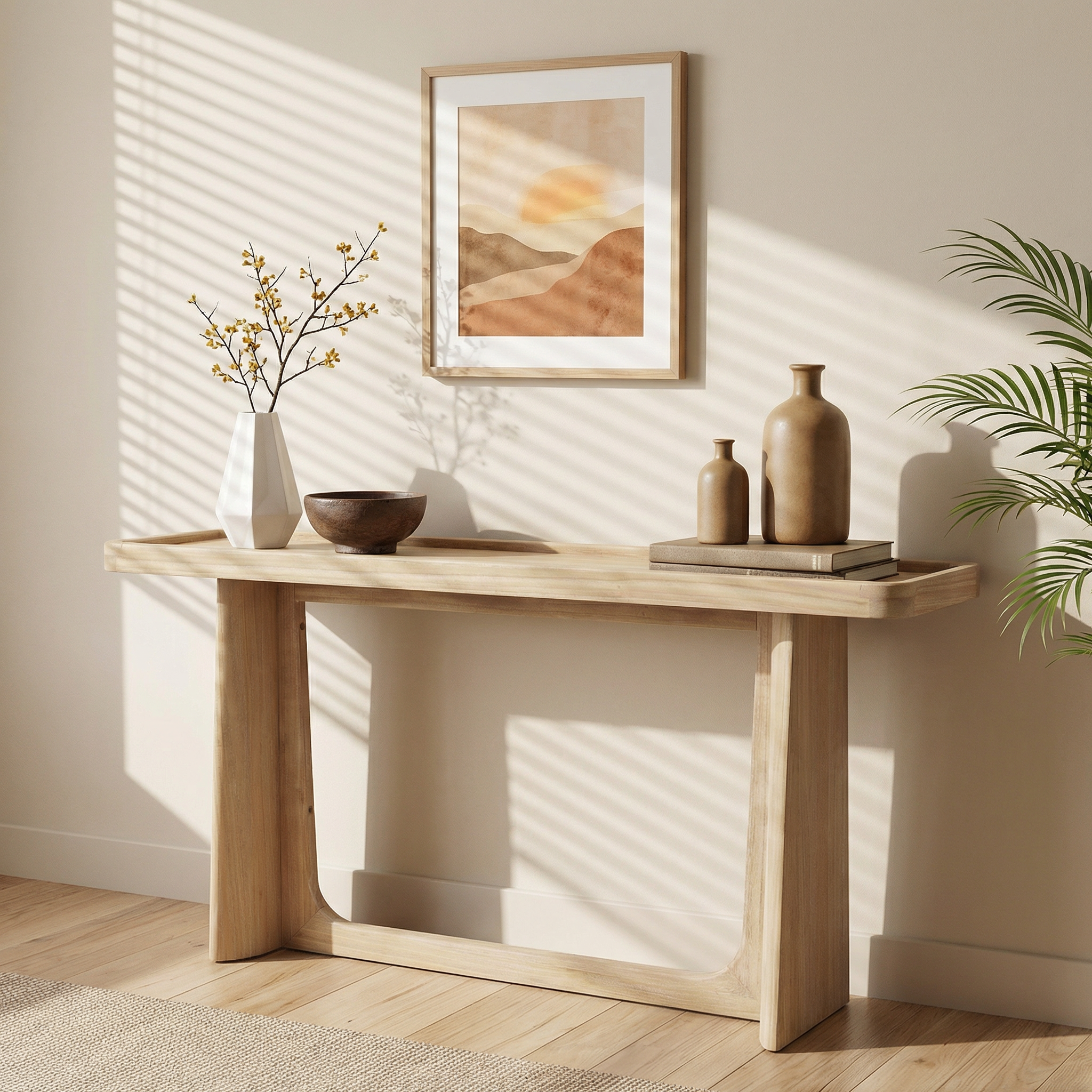 58.25' Farmhouse Console Table with Tray Top, Natural Solid Rubberwood Frame for Entryway