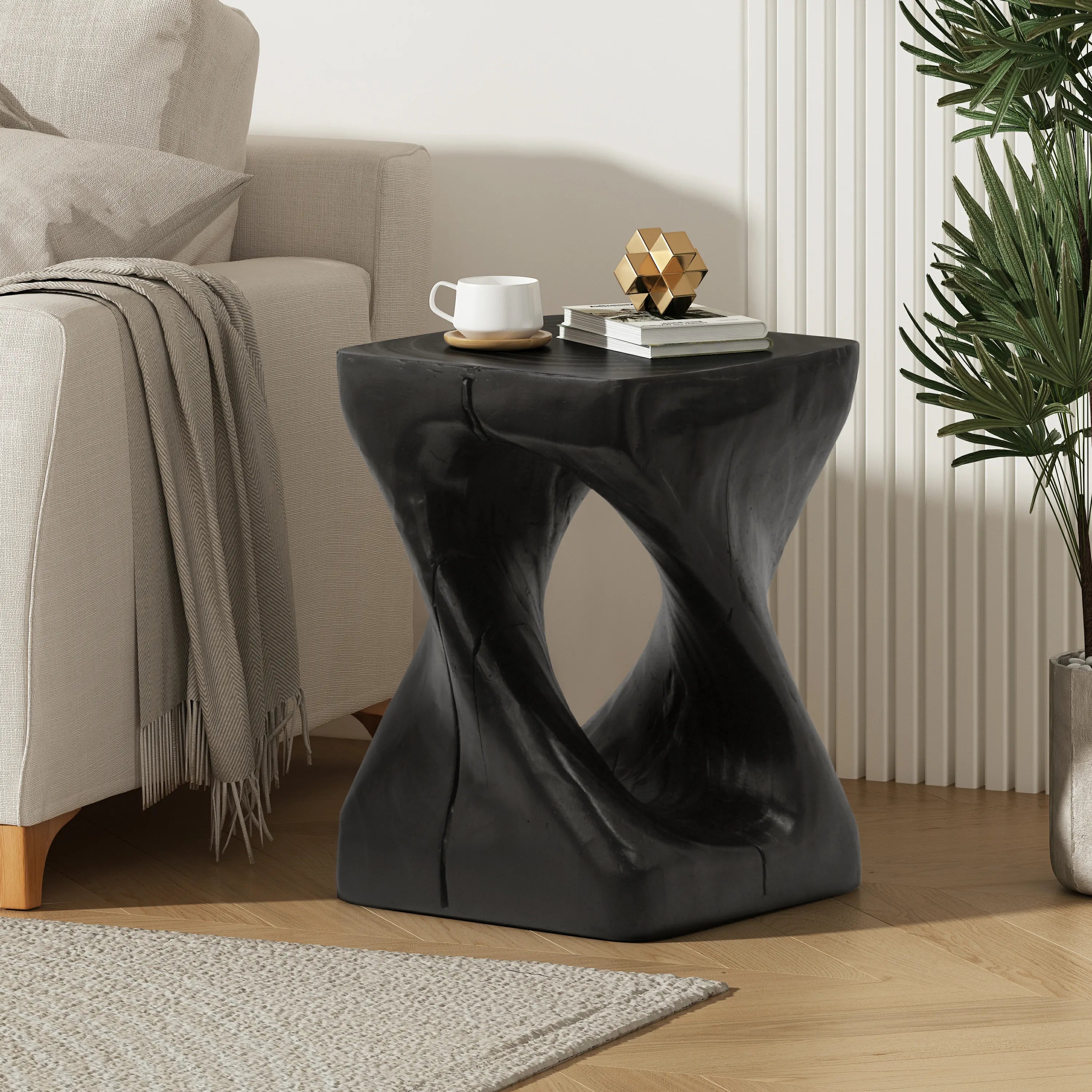 MGO Twist Shape Side Table, Wood Like Texture Accent Table