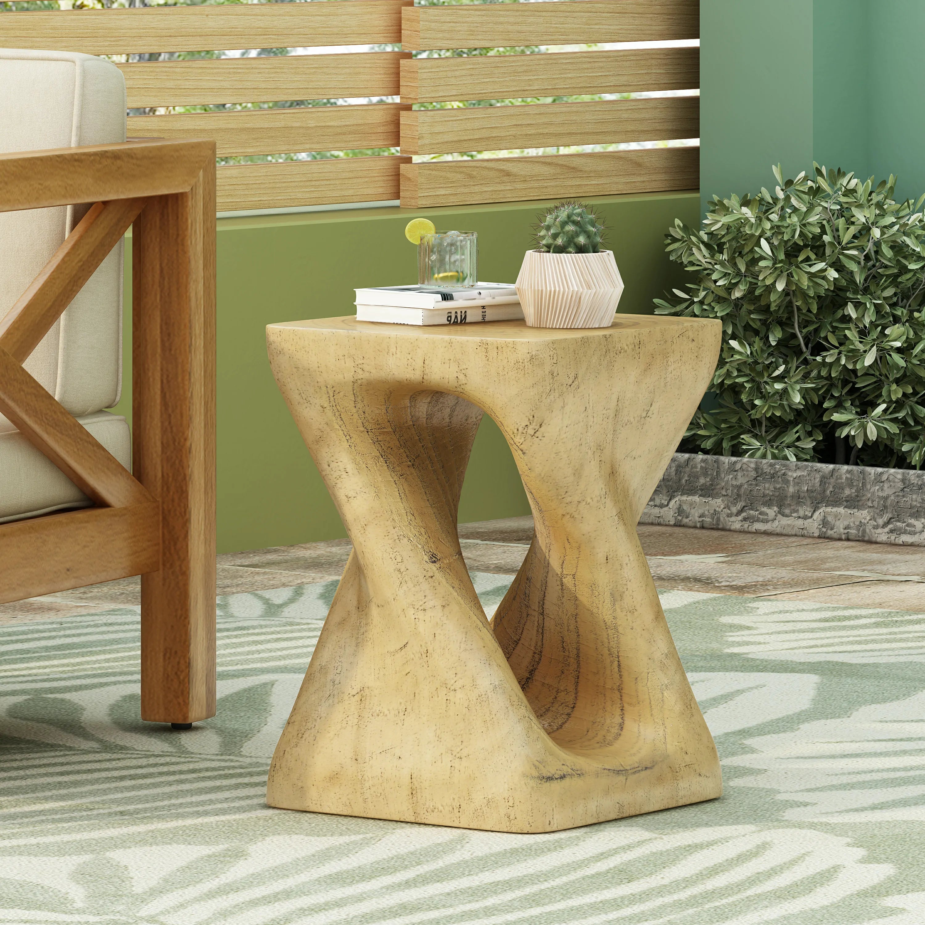 MGO Twist Shape Side Table, Wood Like Texture Accent Table