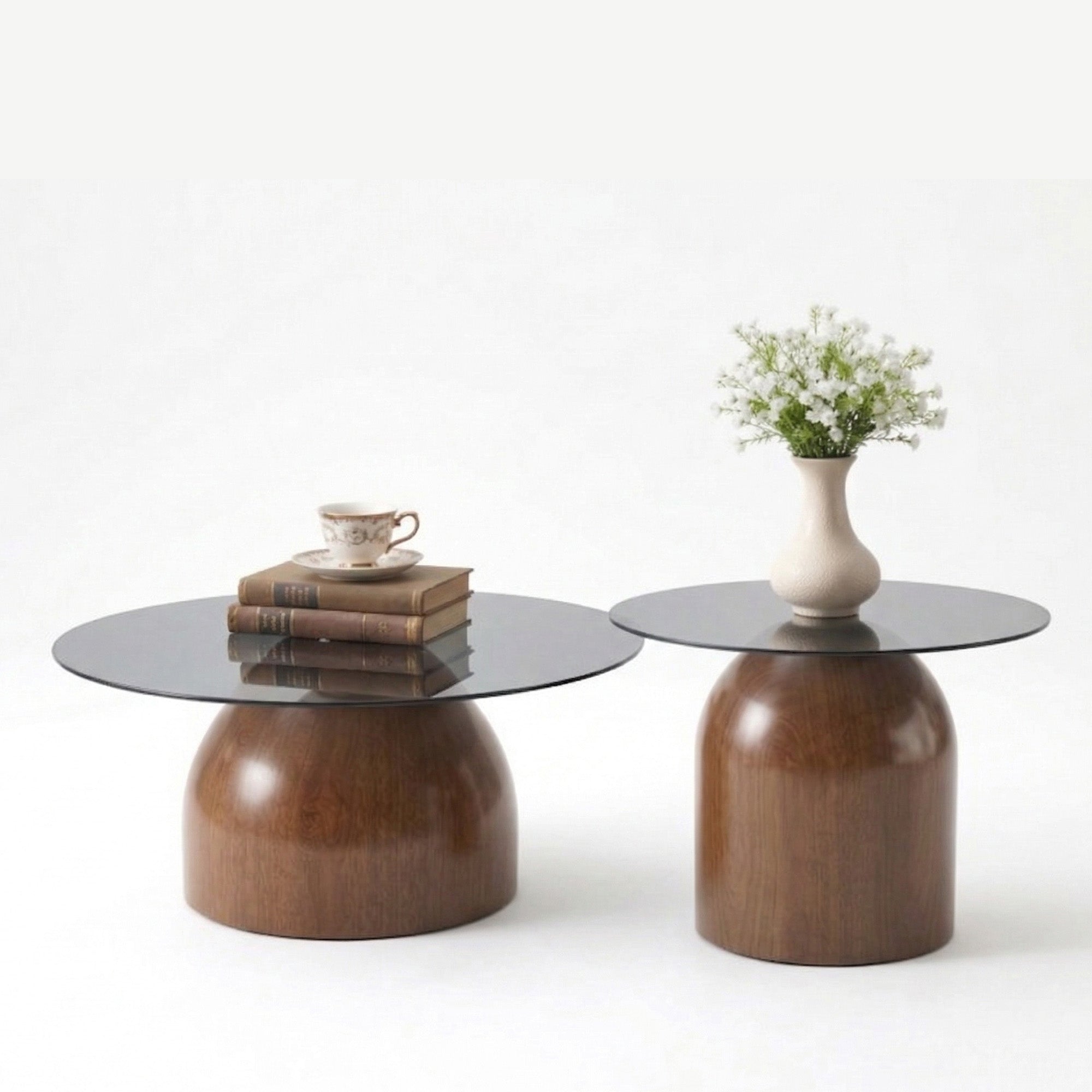 1/2/3-Piece Nesting Coffee Table Set, Round Black Glass Top with Walnut Finish Carbon Steel Base