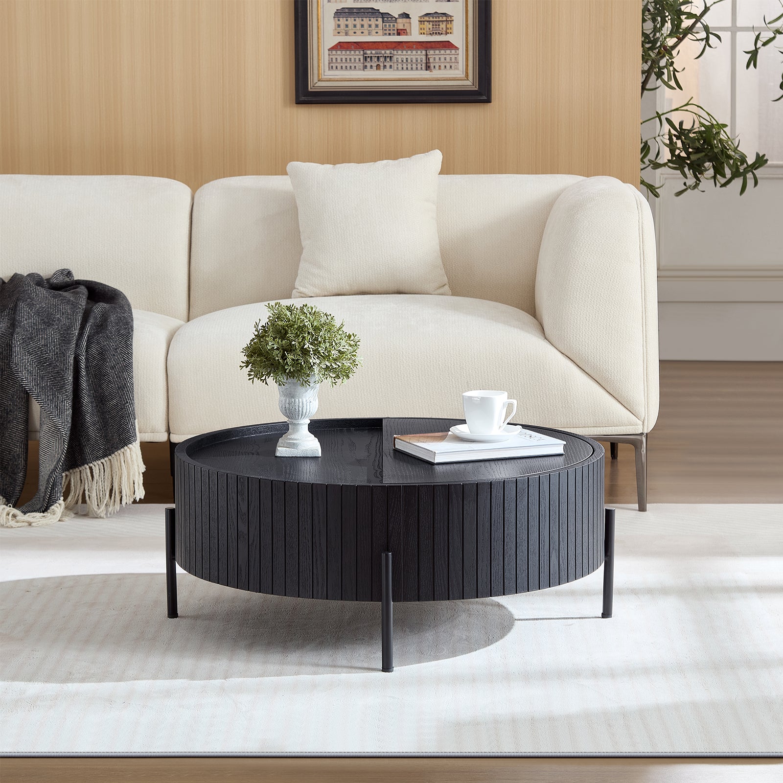 Round Coffee Table with Storage, Modern MDF Accent Tea Table with Rotating Top