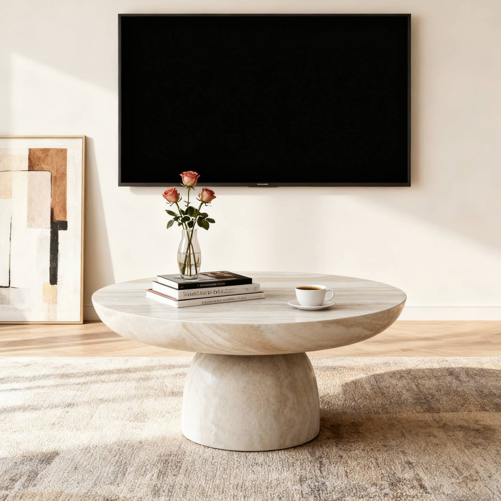 31"/35" Mushroom Shaped Coffee Table, Beige & White Round Fiberglass Accent Table