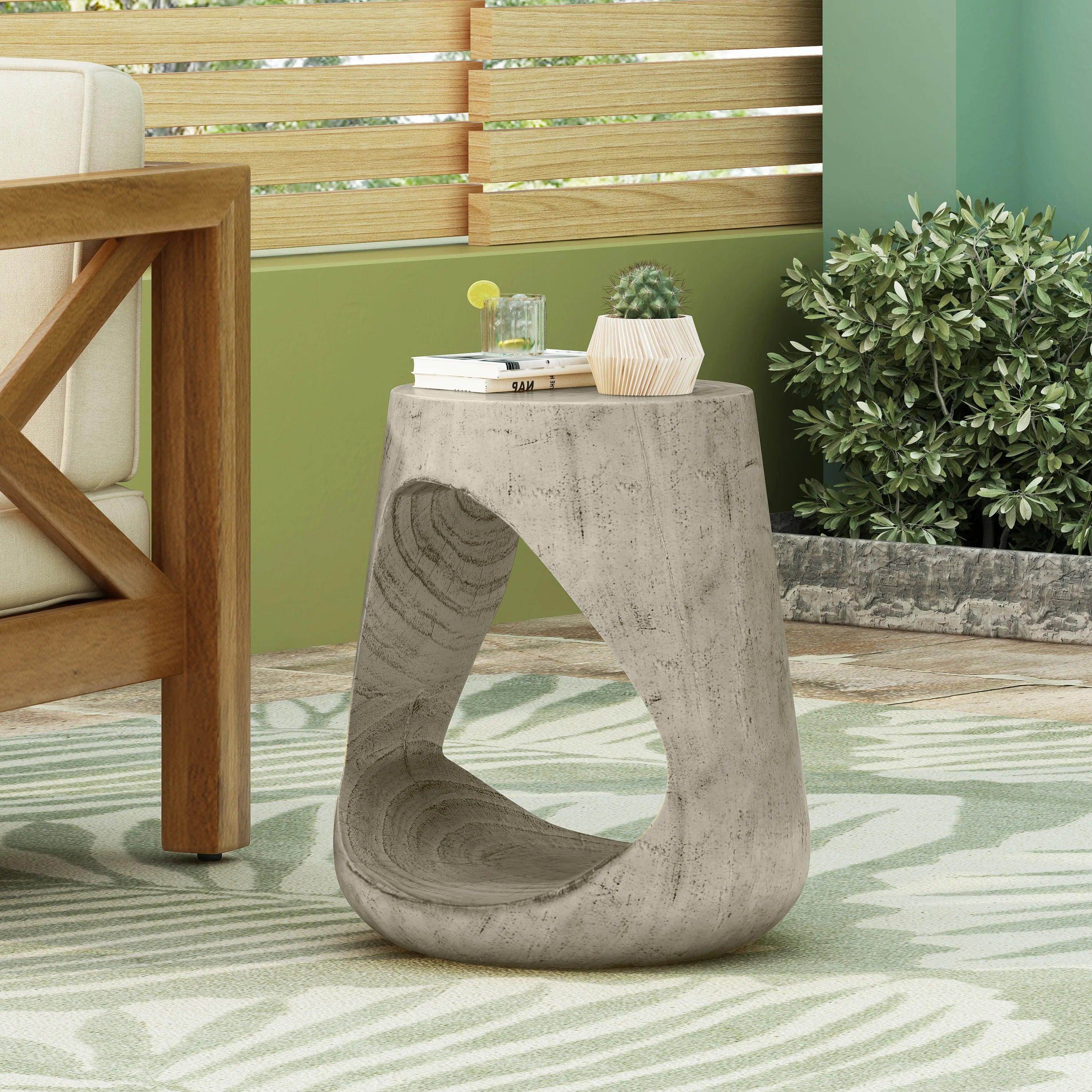 MGO Hollow Side Table, 14.5" Round Wood Like Texture Accent Table