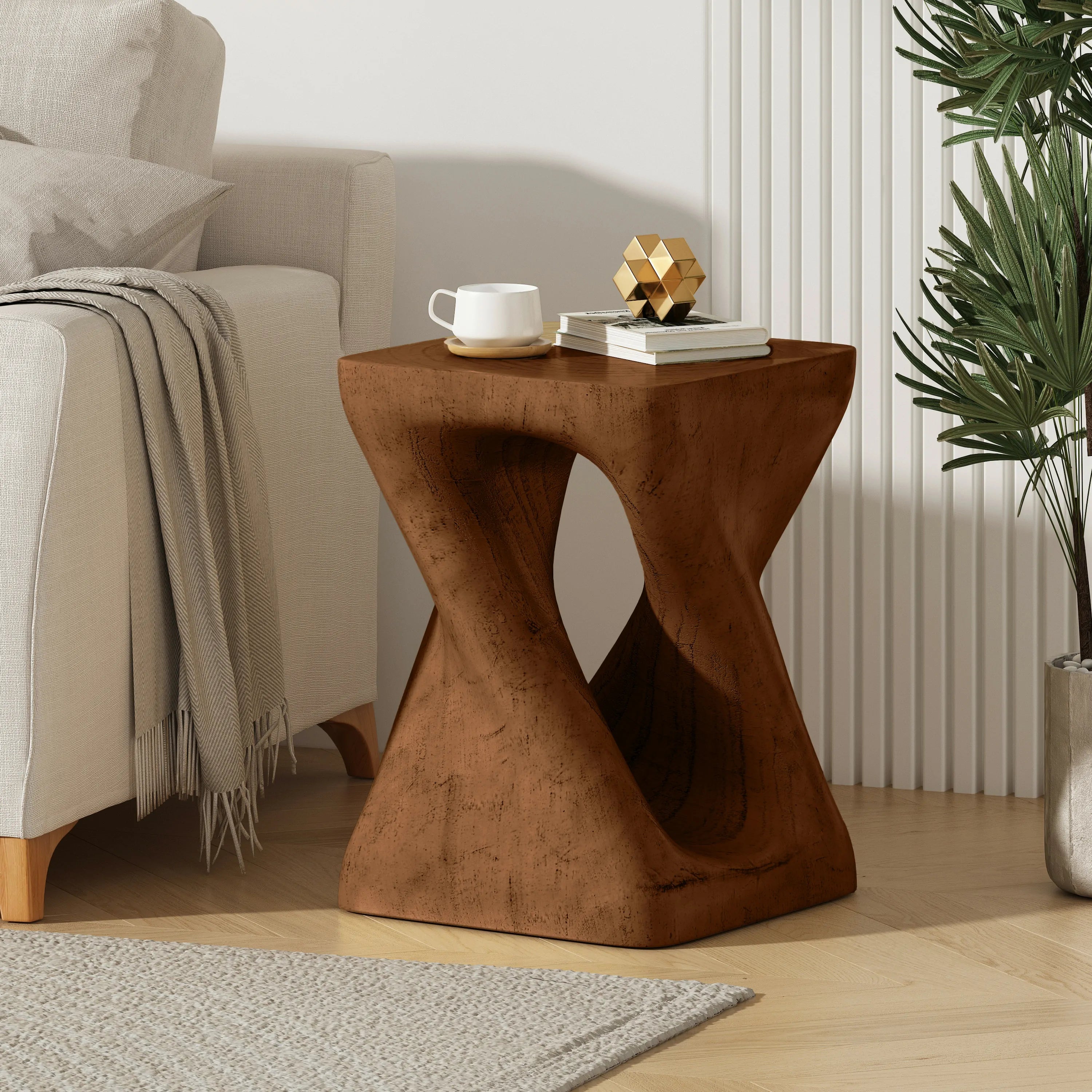 MGO Twist Shape Side Table, Wood Like Texture Accent Table