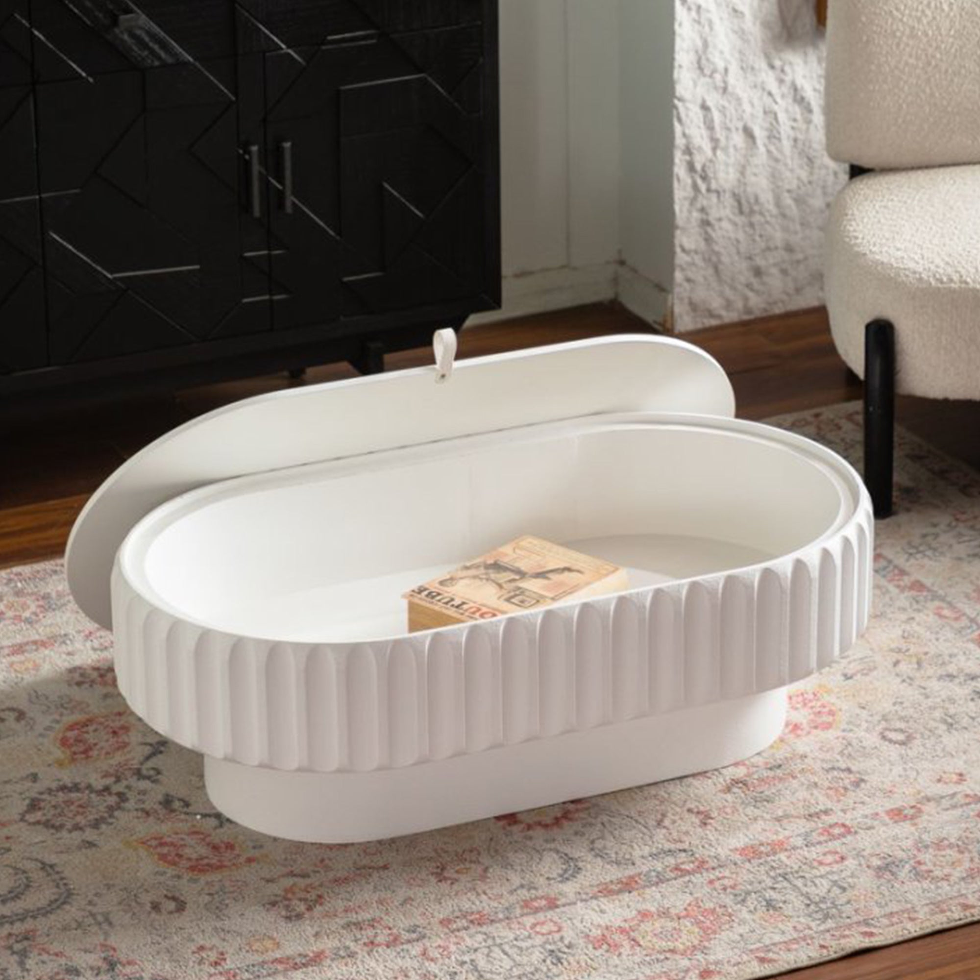 43.31' Rectangular Fluted Storage Coffee Table, Cream White Glossy MDF with Lift Lid