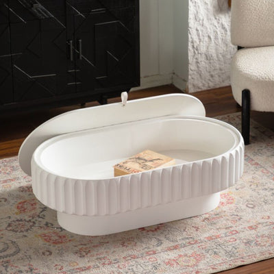 43.31' Rectangular Fluted Storage Coffee Table, Cream White Glossy MDF with Lift Lid