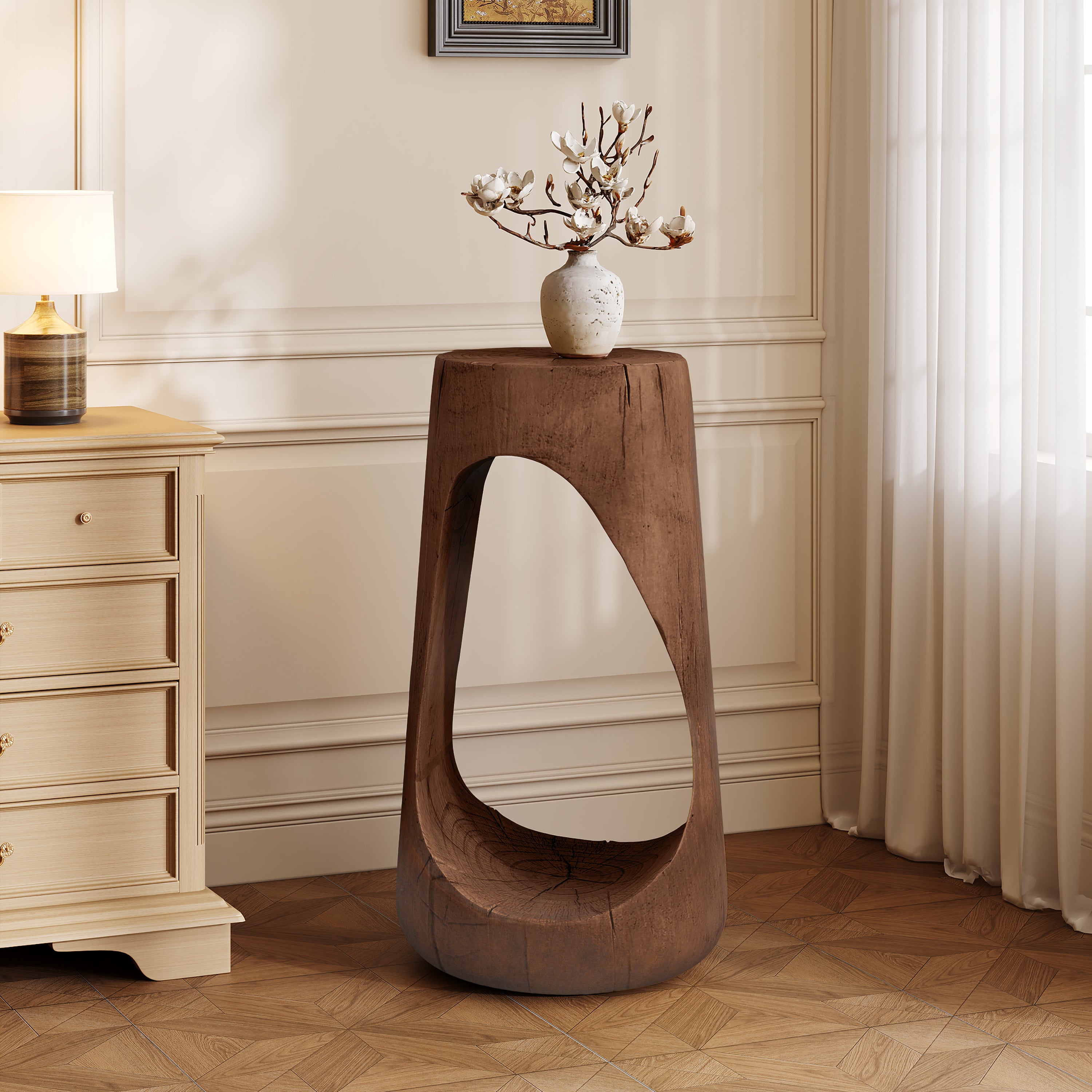 Outdoor Hollow Side Table, Lightweight Concrete Wood Like Texture Accent Table