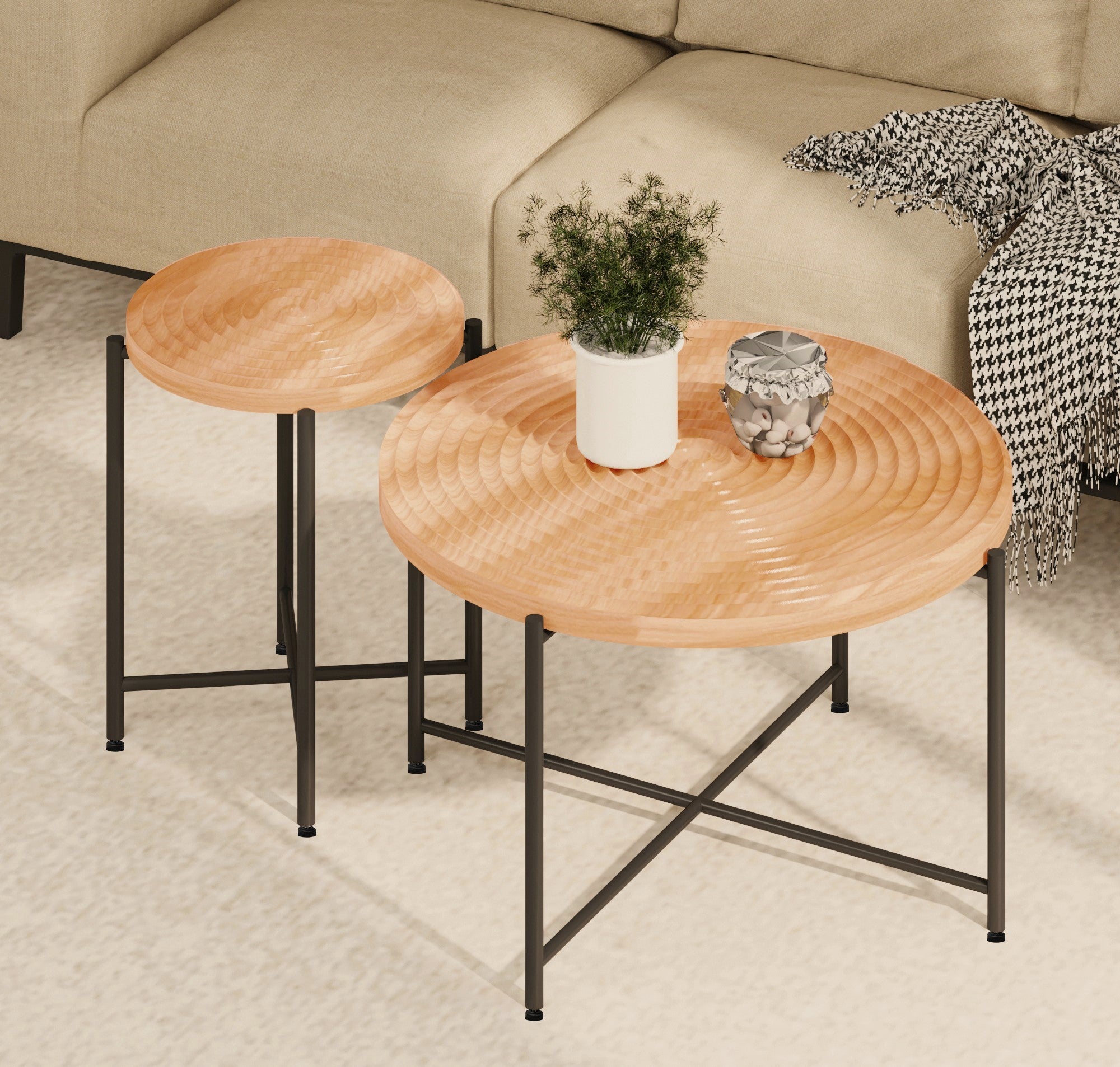 2-Piece Coffee & End Table Set, Waterproof MDF PVC Distressed Cylindrical Design