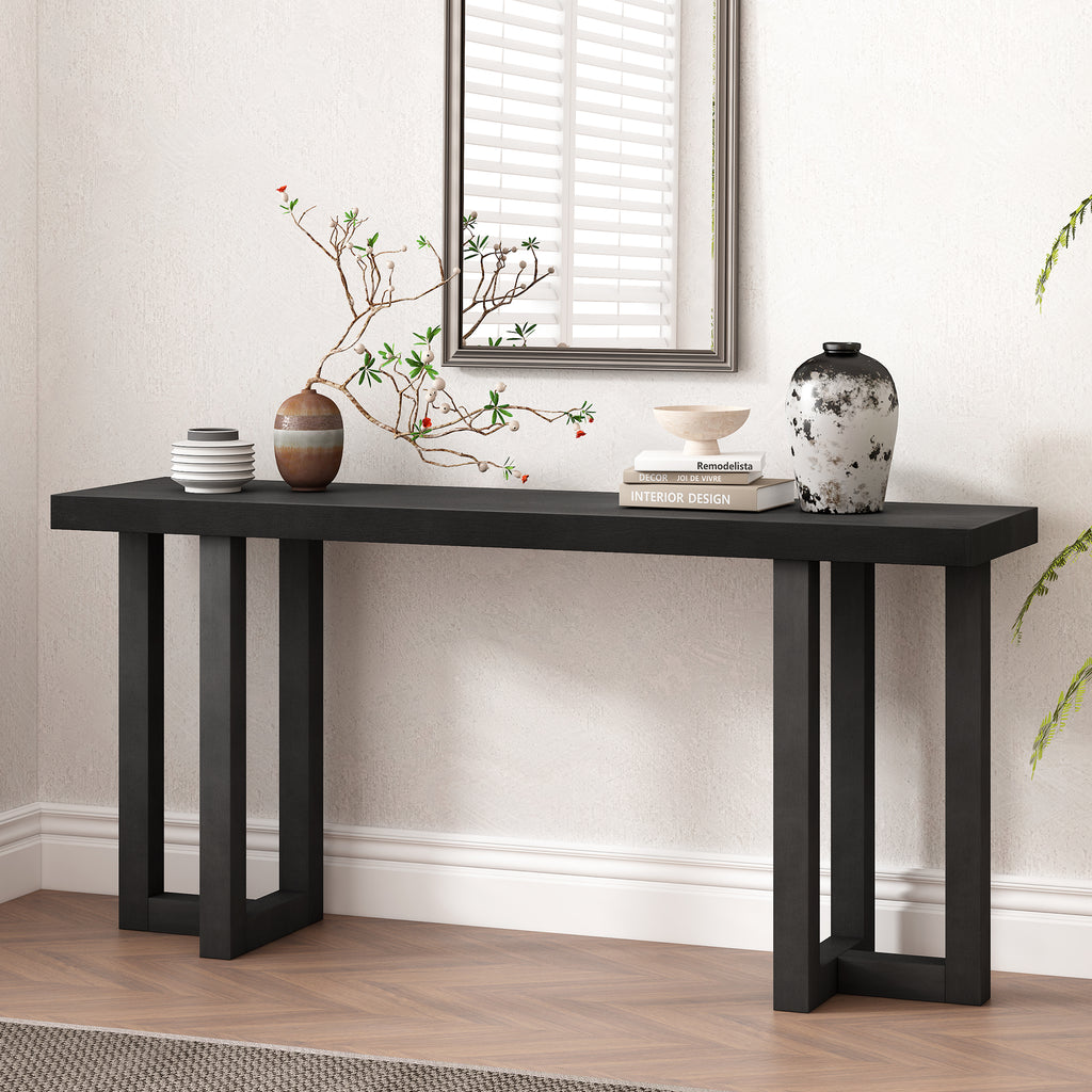 63' Geometric Console Table with Solid Pine Legs, MDF Pine Veneer