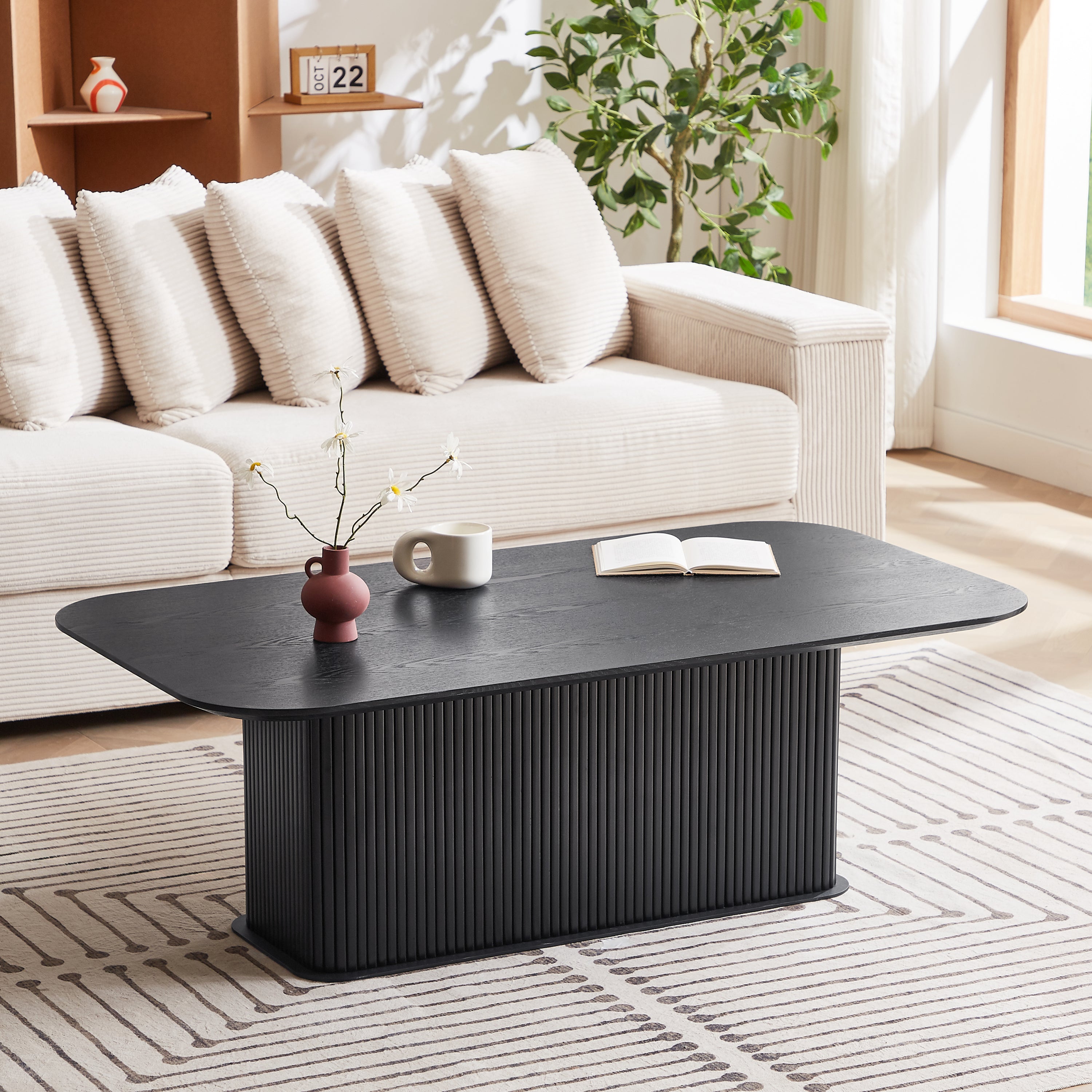 51.18' Rectangular Coffee Table, Black Oak Surface & Black Metal Feet