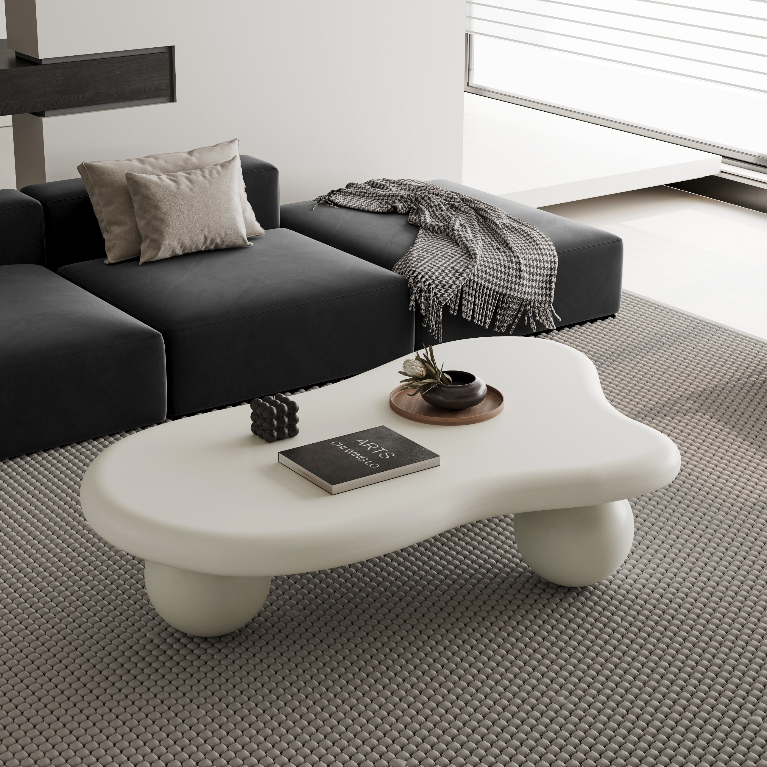 47 Inch Cloud Shaped Coffee Table with 3 Ball Legs for Living Room