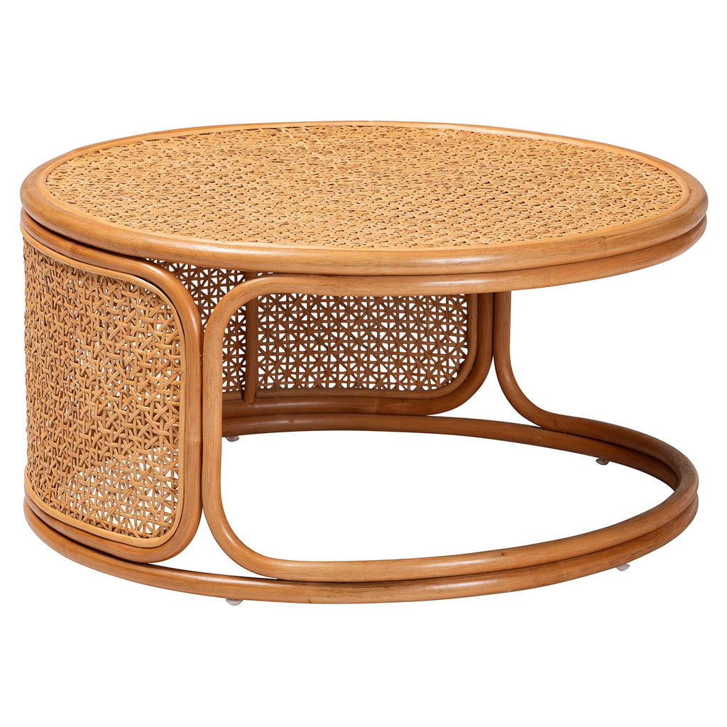 Bohemian Honey Rattan Coffee Table, 31.5' Round Woven Accent Table Fully Assembled