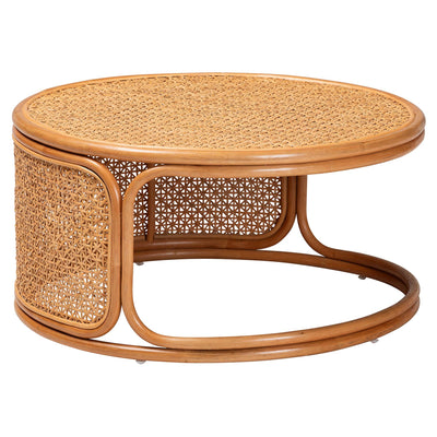Bohemian Honey Rattan Coffee Table, 31.5' Round Woven Accent Table Fully Assembled