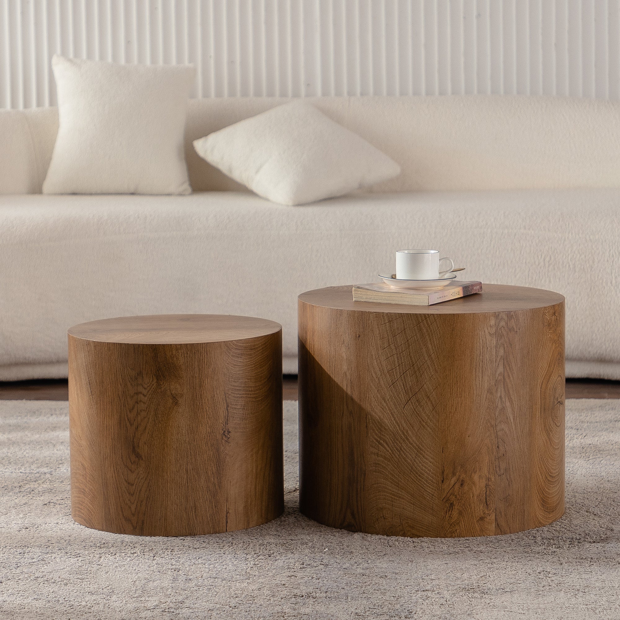 Round Nesting Coffee & End Table Set, Natural Wood Lacquered MDF Accent Table