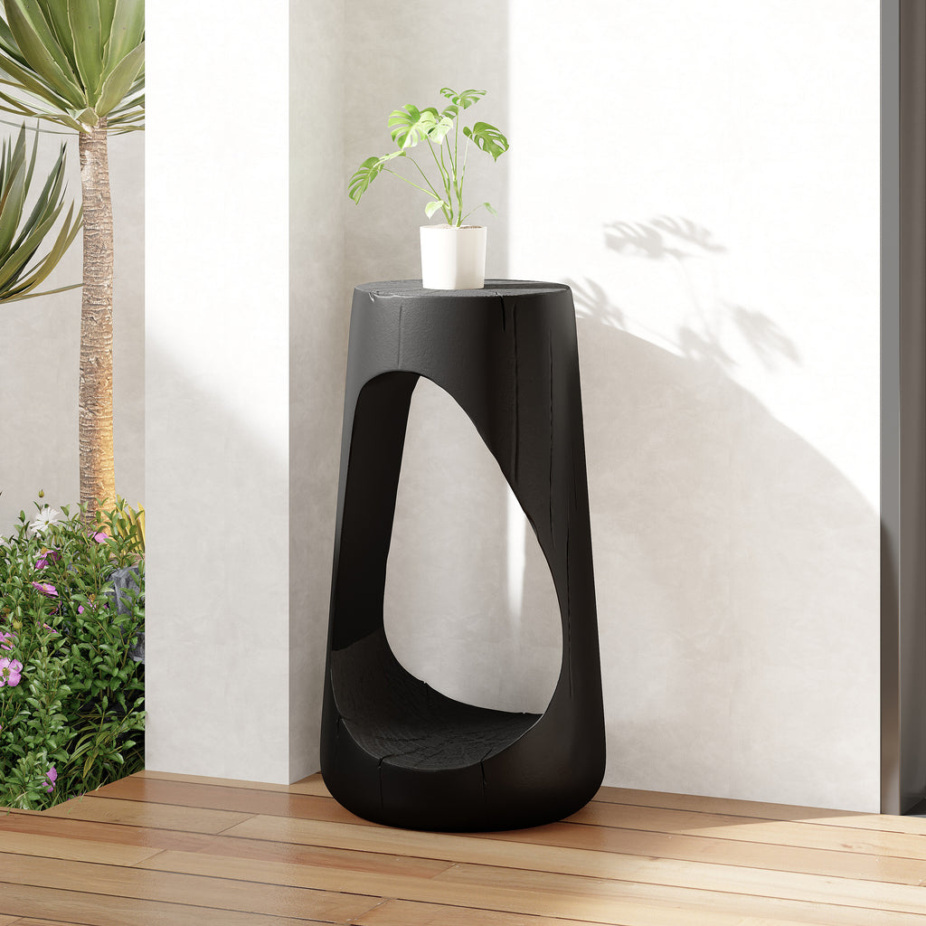 Outdoor Hollow Side Table, Lightweight Concrete Wood Like Texture Accent Table