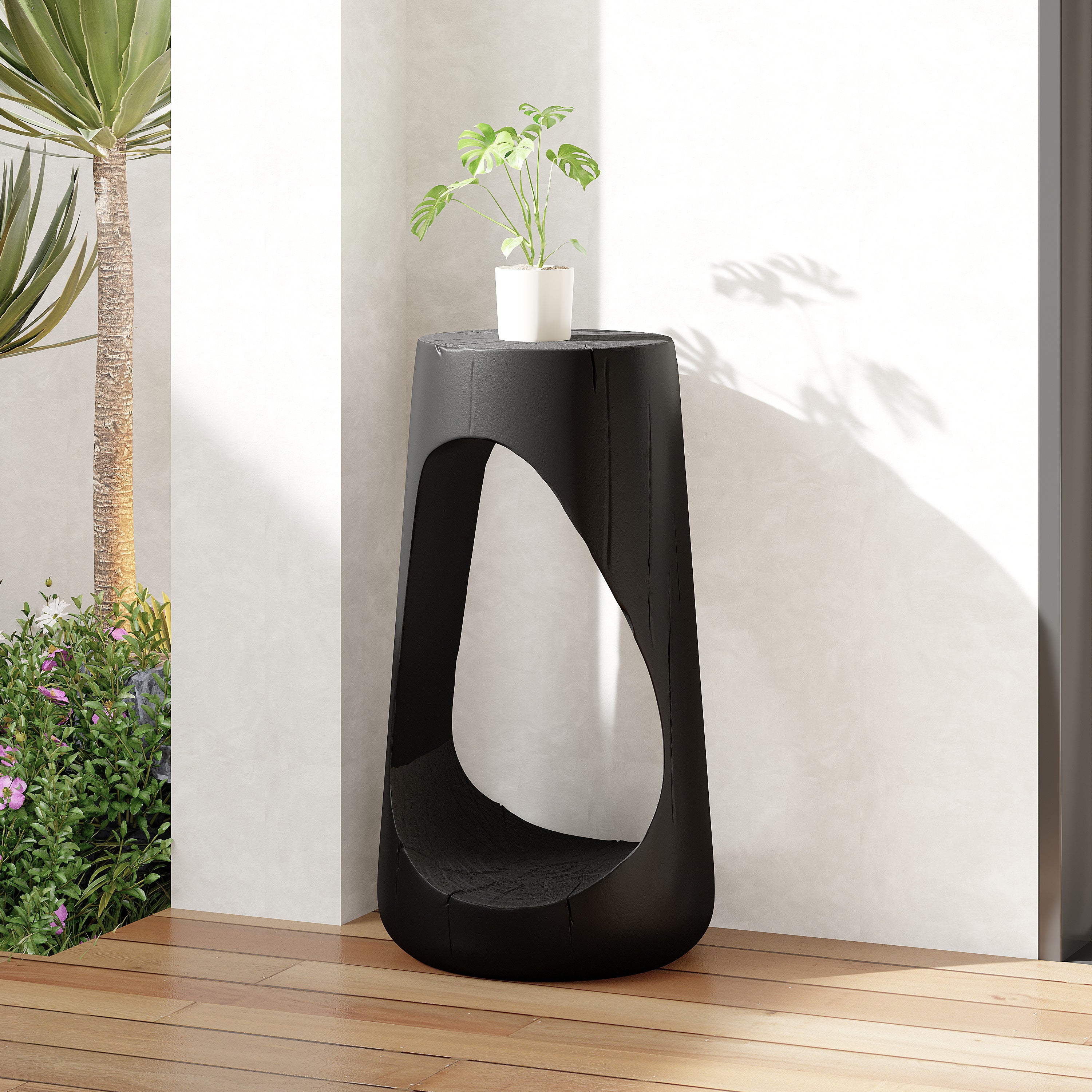 Outdoor Hollow Side Table, Lightweight Concrete Wood Like Texture Accent Table