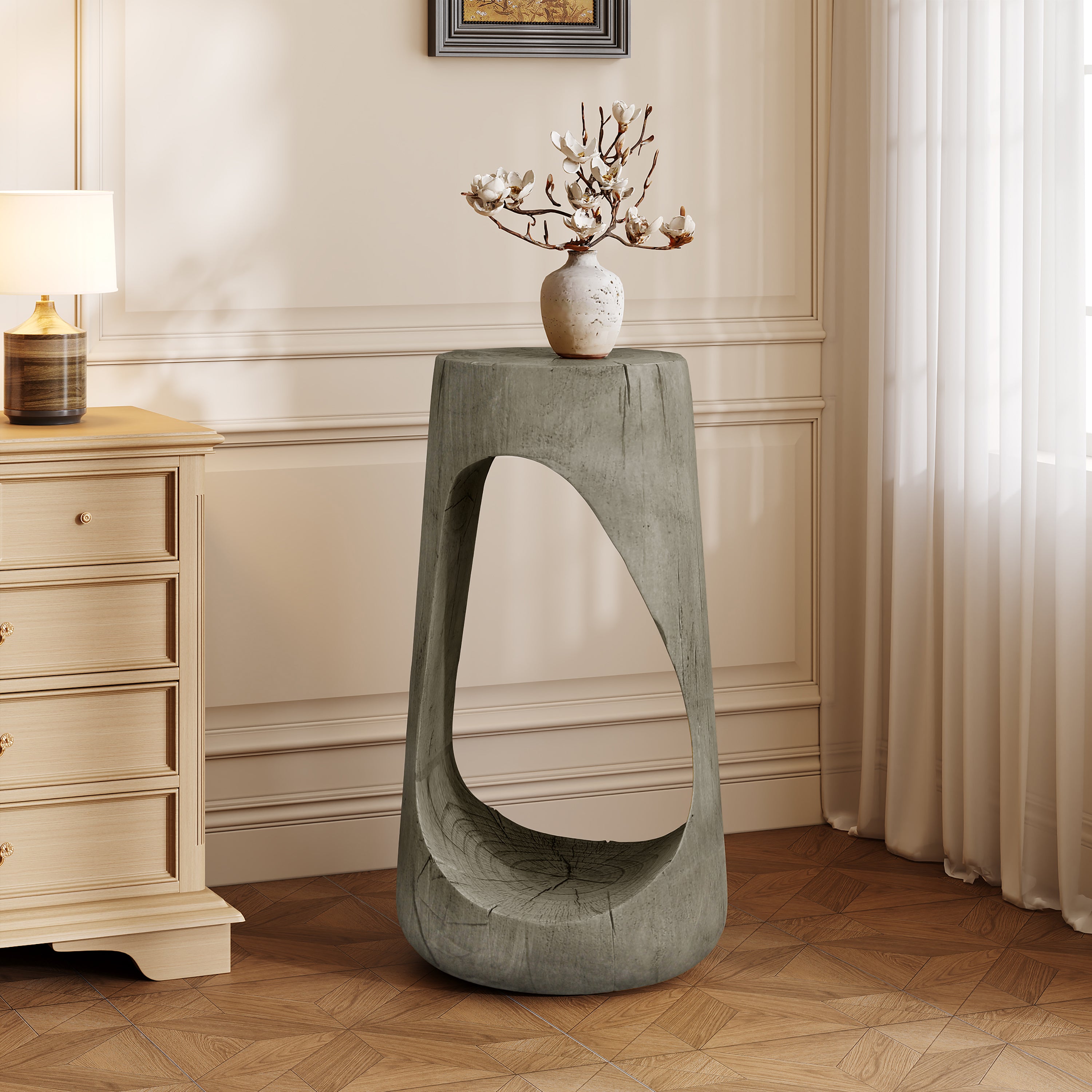 Outdoor Hollow Side Table, Lightweight Concrete Wood Like Texture Accent Table