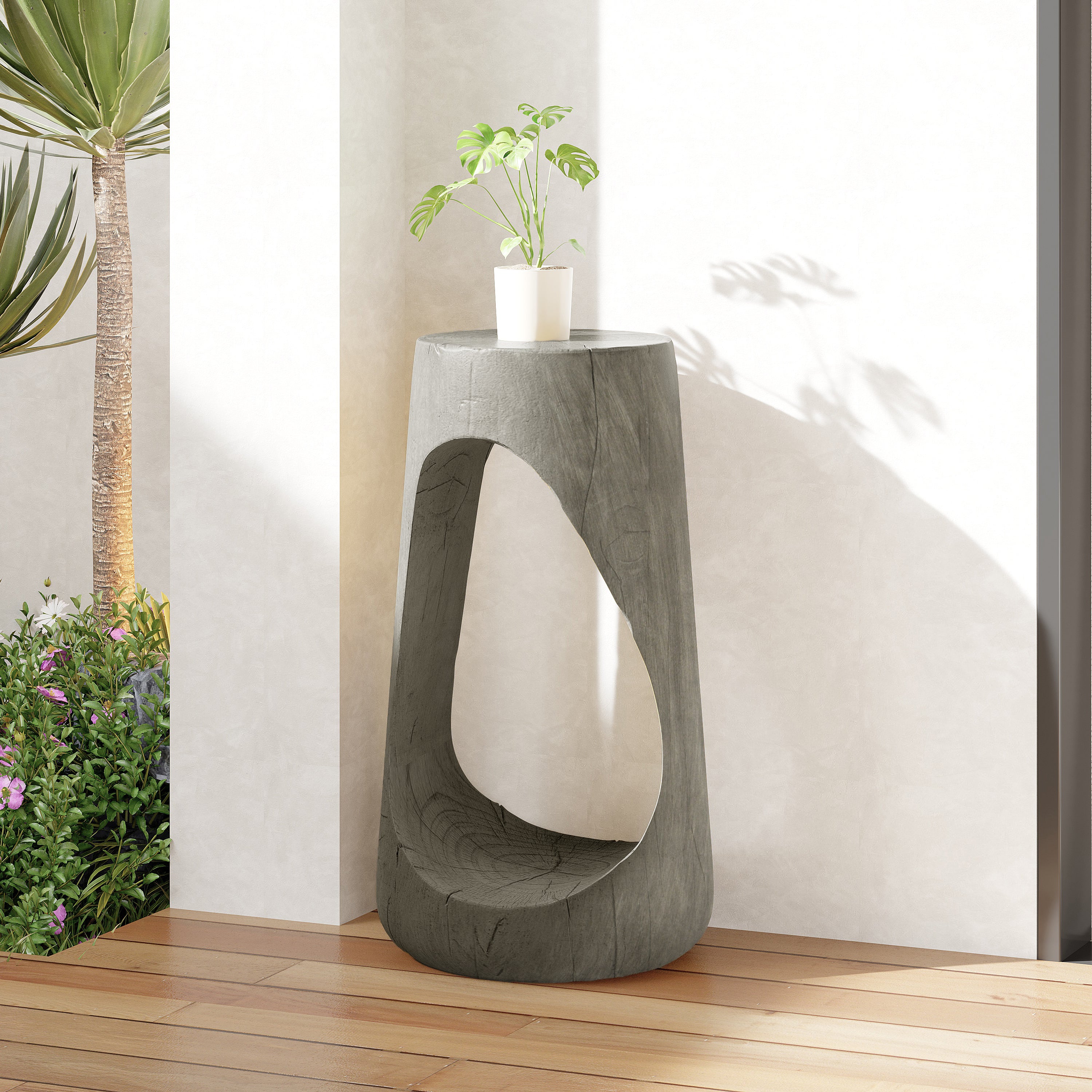 Outdoor Hollow Side Table, Lightweight Concrete Wood Like Texture Accent Table