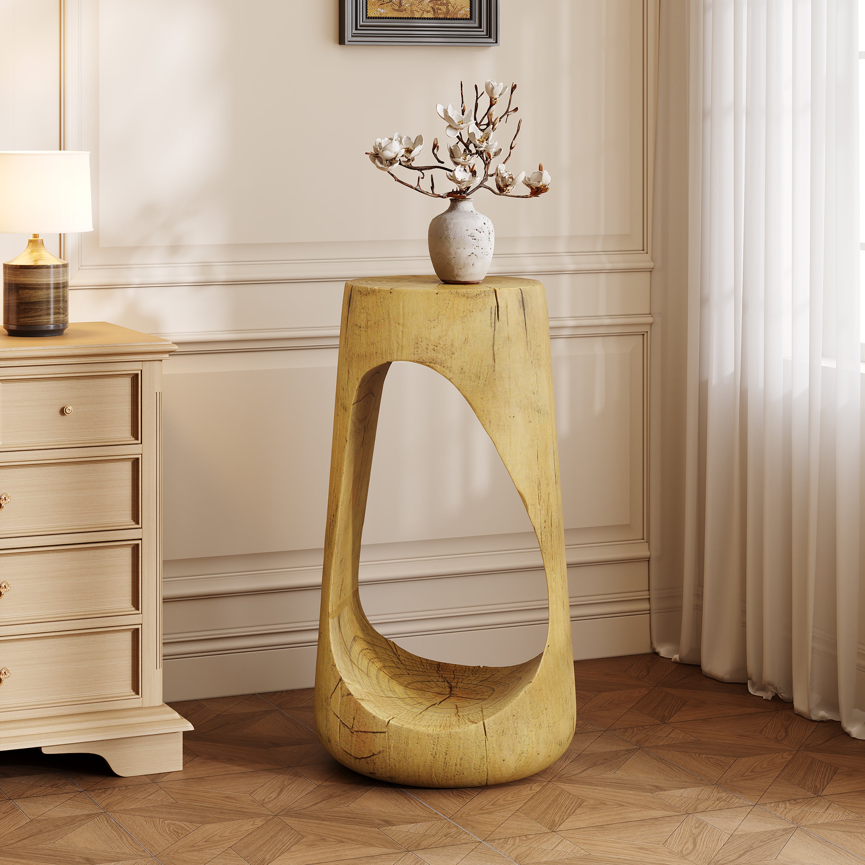 Outdoor Hollow Side Table, Lightweight Concrete Wood Like Texture Accent Table
