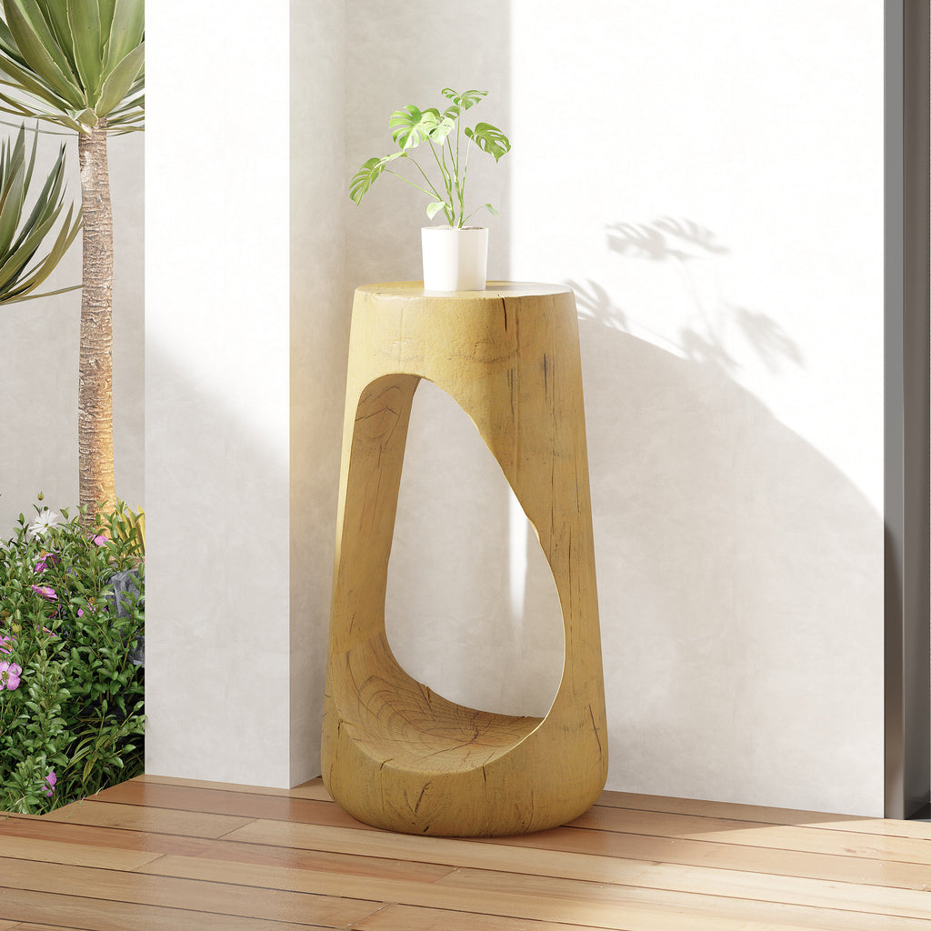 Outdoor Hollow Side Table, Lightweight Concrete Wood Like Texture Accent Table
