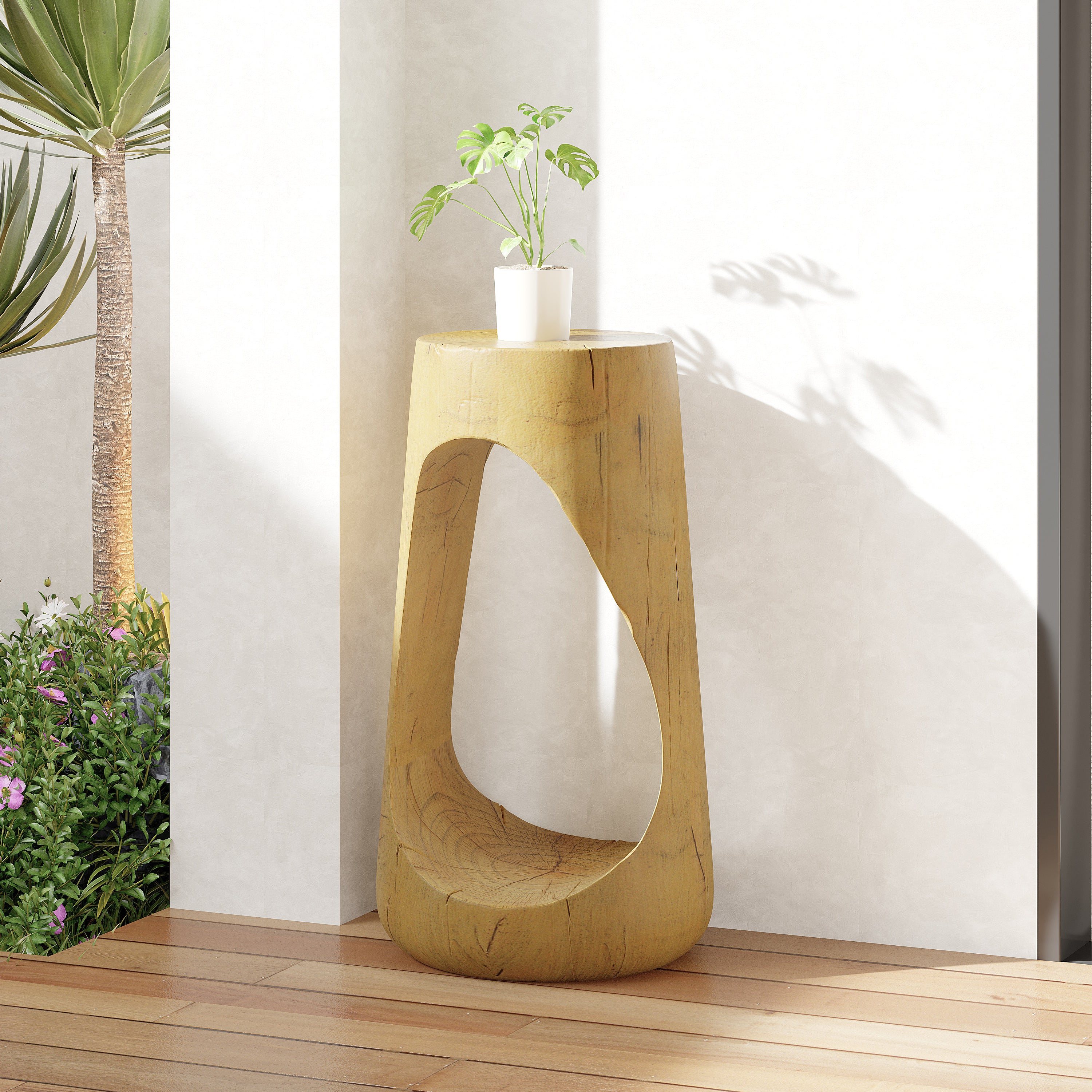 Outdoor Hollow Side Table, Lightweight Concrete Wood Like Texture Accent Table