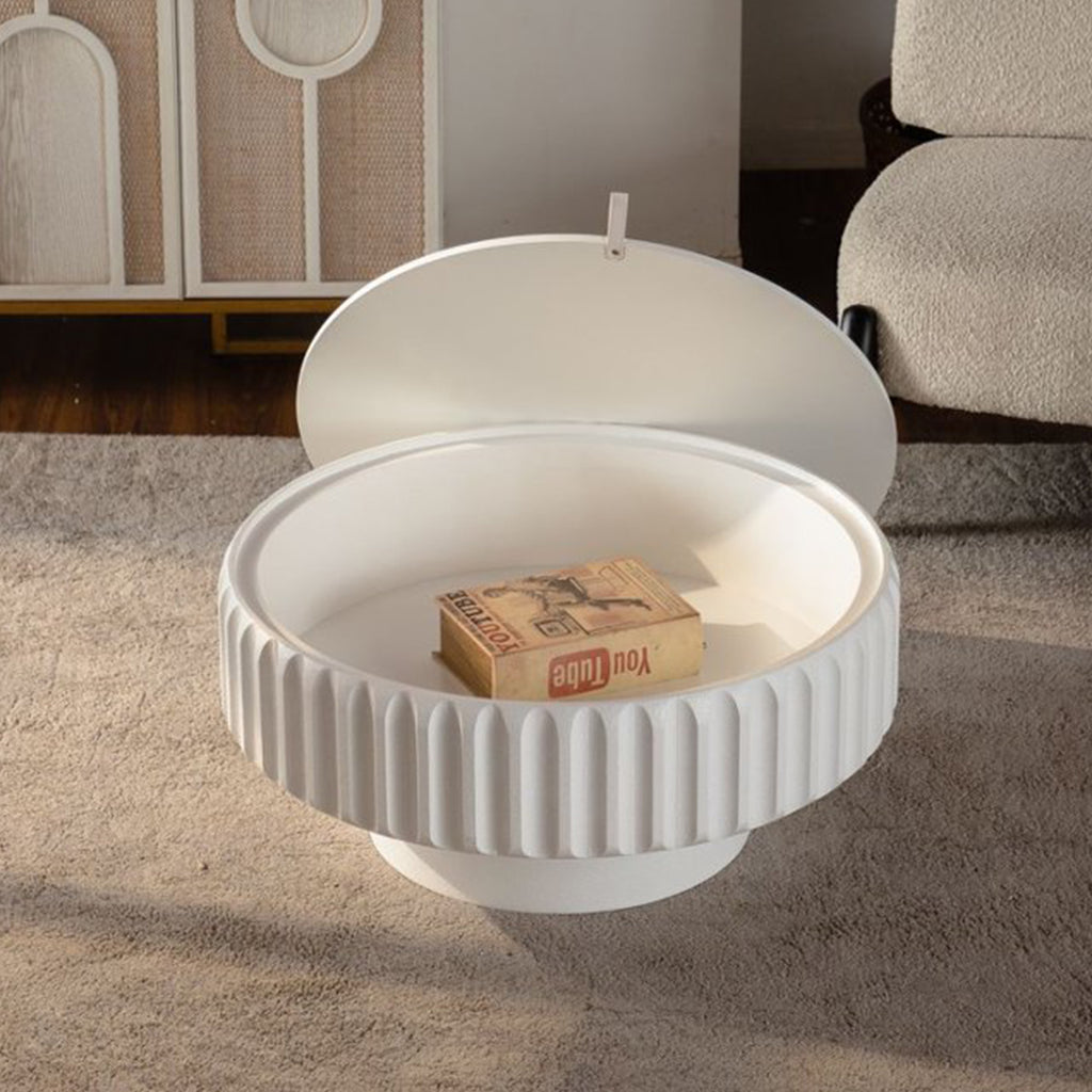31.50' Round Fluted Storage Coffee Table, Cream White Glossy MDF with Lift-Off Lid