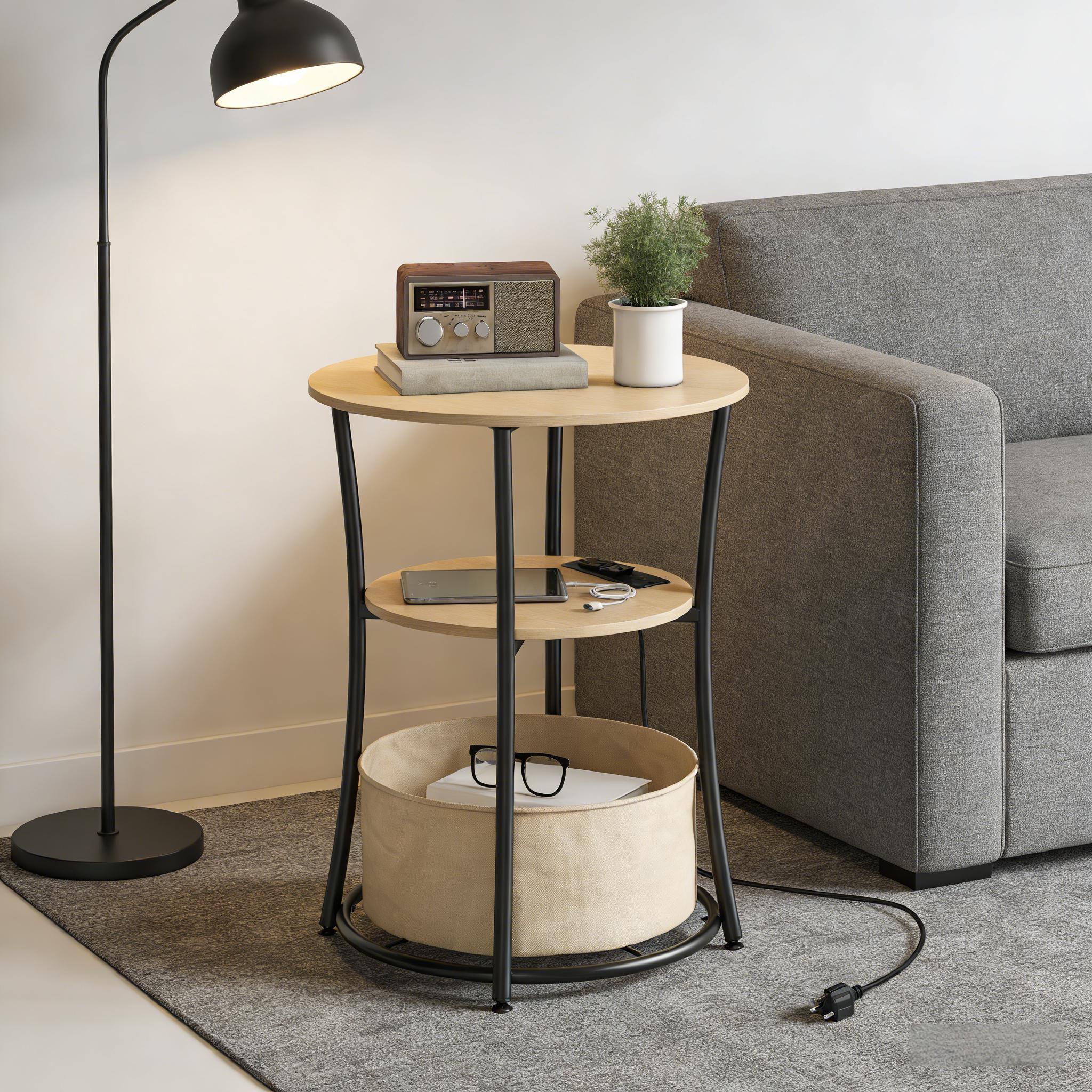 Round 3-Tier Side End Table with Charging Station