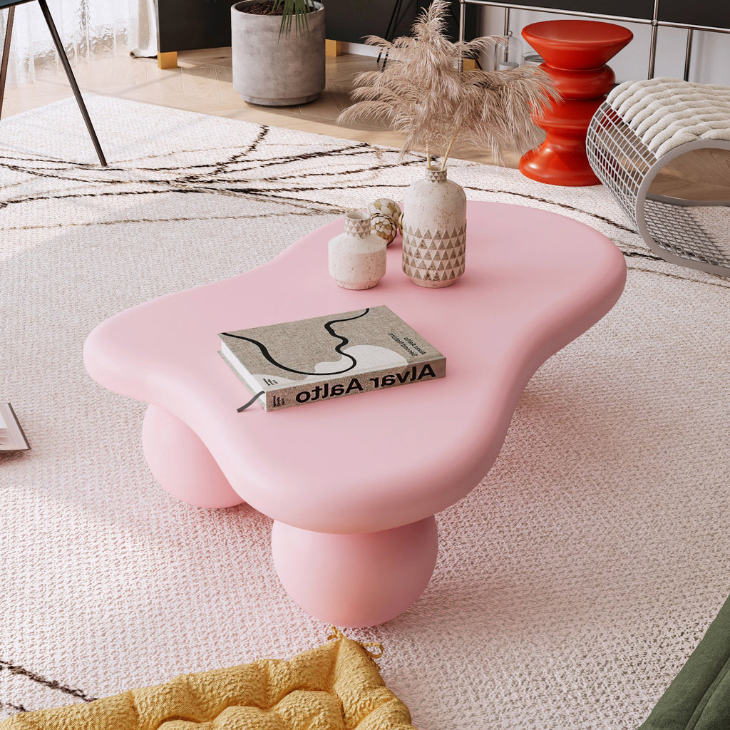 47.2' Pink Cloud Shaped Coffee Table with 3 Ball Legs, Modern Low MDF Table