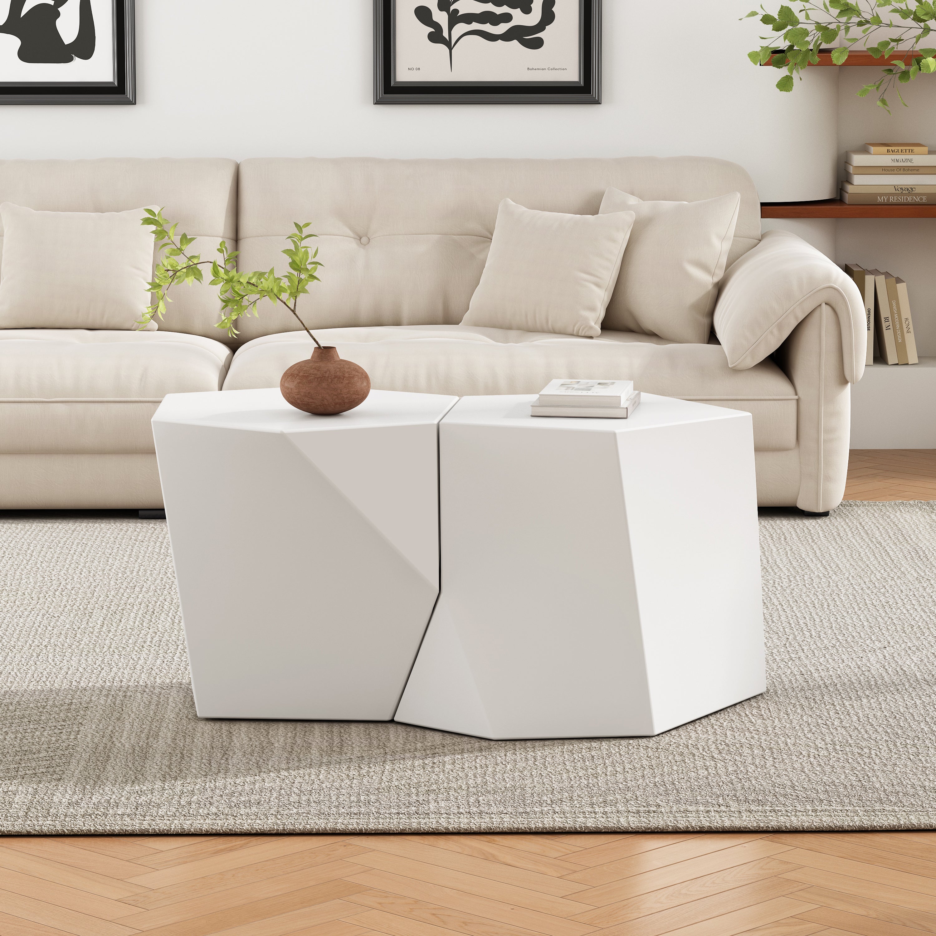 Modern MGO Coffee Table Set, 2-Piece Geometric Nesting Tables