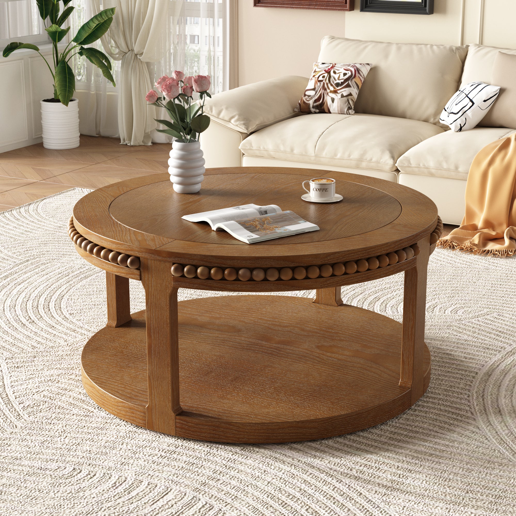 31.5 Inch Round Solid Wood Coffee Table, Two-Tier Thickened Top Accent Table