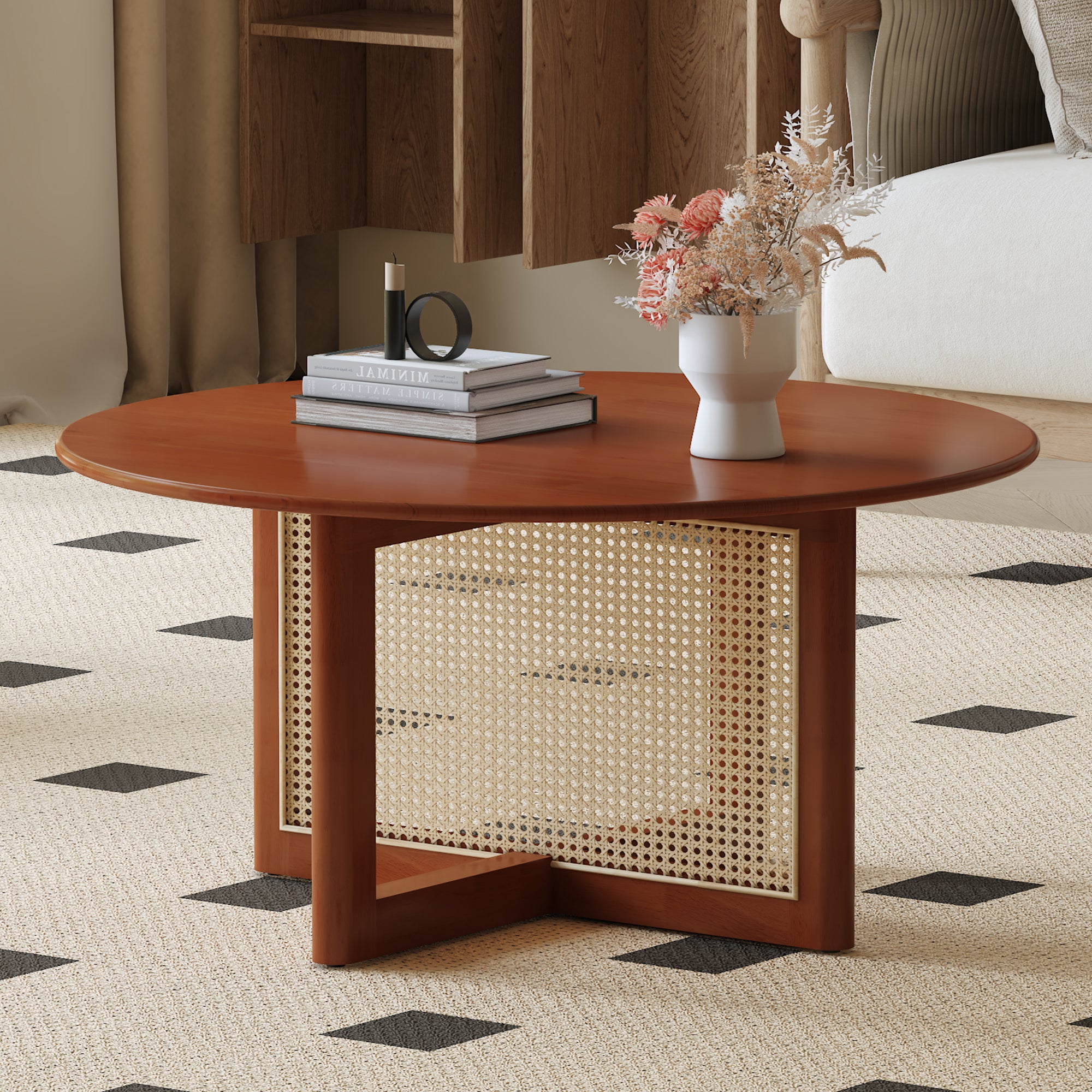 Deep Red Wooden Coffee Table with Artificial Rattan Decor, 33.5' Round Accent Table