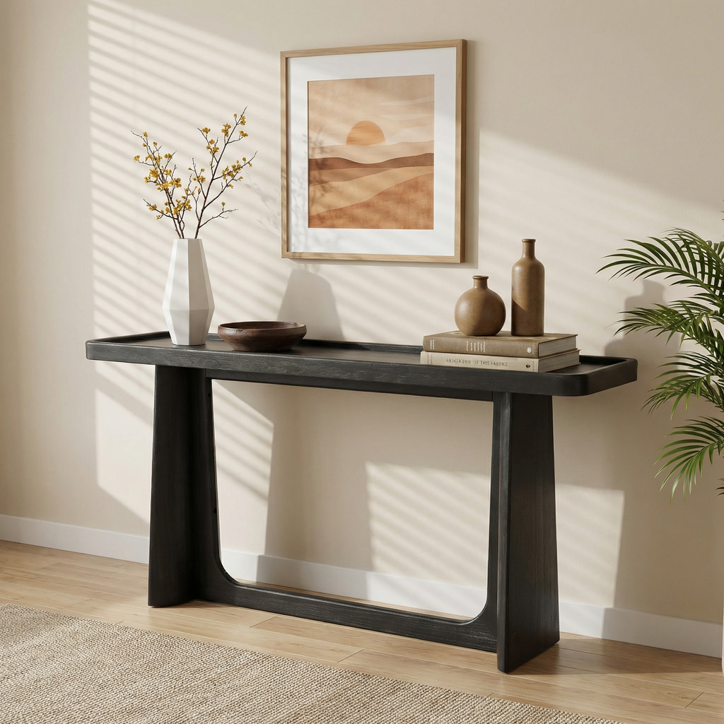 58.25' Farmhouse Console Table with Tray Top, Natural Solid Rubberwood Frame for Entryway