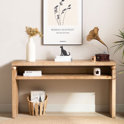 59' Modern Rustic Console Table, Natural Wood Entryway Table with Shelf & Bead Detail