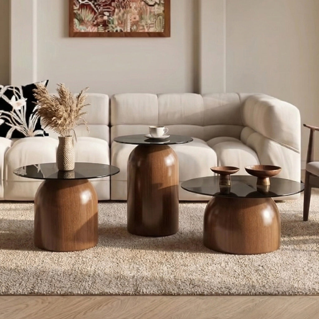 1/2/3-Piece Nesting Coffee Table Set, Round Black Glass Top with Walnut Finish Carbon Steel Base