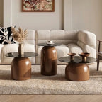1/2/3-Piece Nesting Coffee Table Set, Round Black Glass Top with Walnut Finish Carbon Steel Base