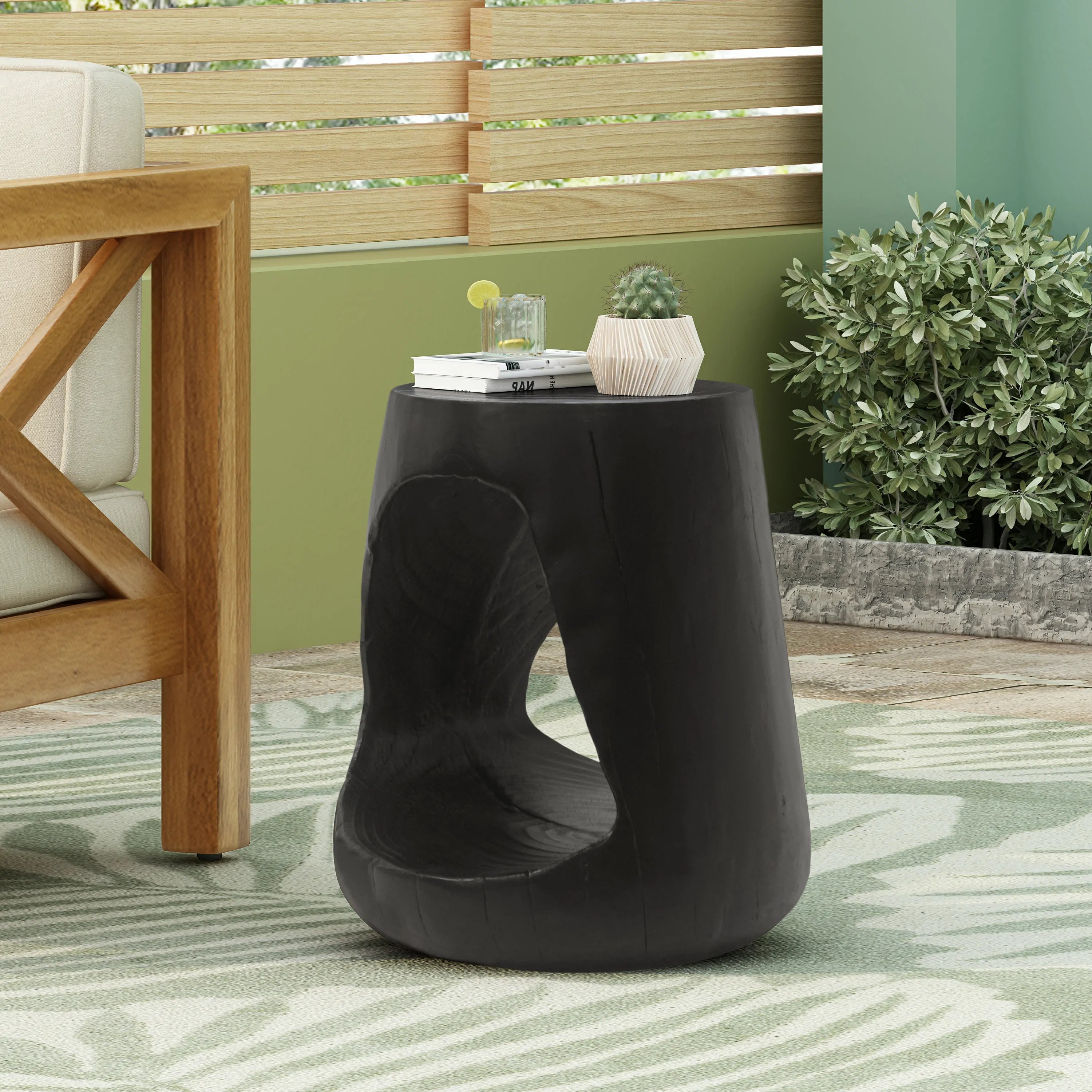 MGO Hollow Side Table, 14.5" Round Wood Like Texture Accent Table