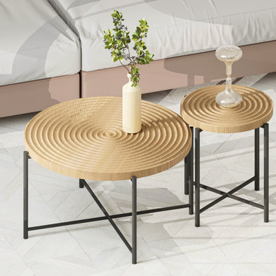 2-Piece Coffee & End Table Set, Waterproof MDF PVC Distressed Cylindrical Design
