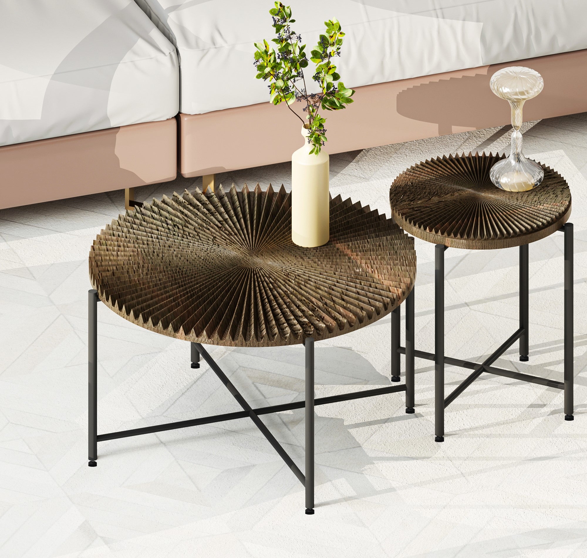Radial Pattern 2-Piece Coffee and End Table Set, Distressed Cylindrical Waterproof MDF with PVC Cover