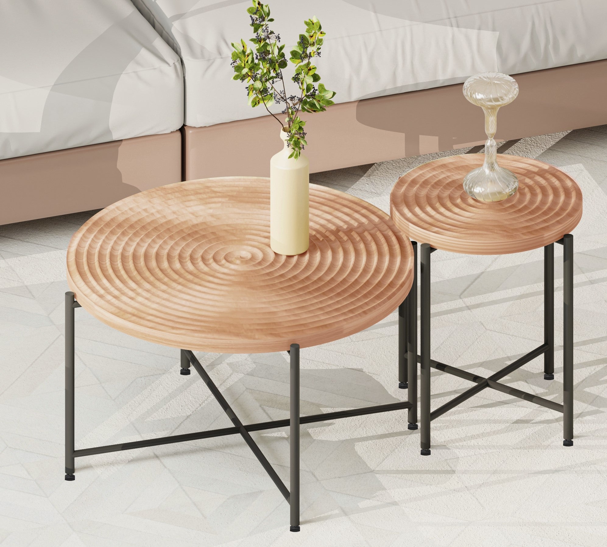 2-Piece Coffee & End Table Set, Waterproof MDF PVC Distressed Cylindrical Design